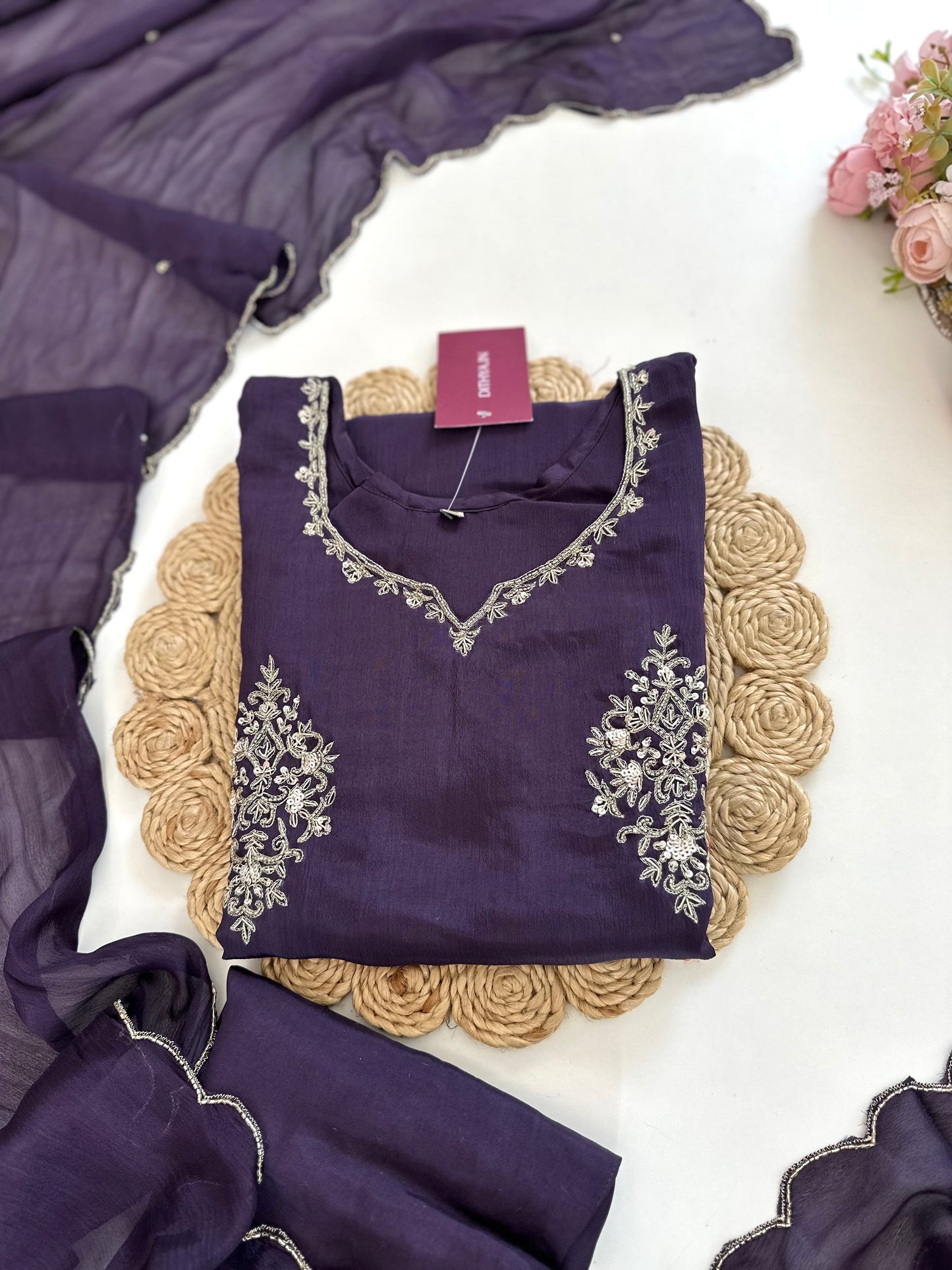 K282 - Chinnon handwork Straight Kurti with pants and dupatta