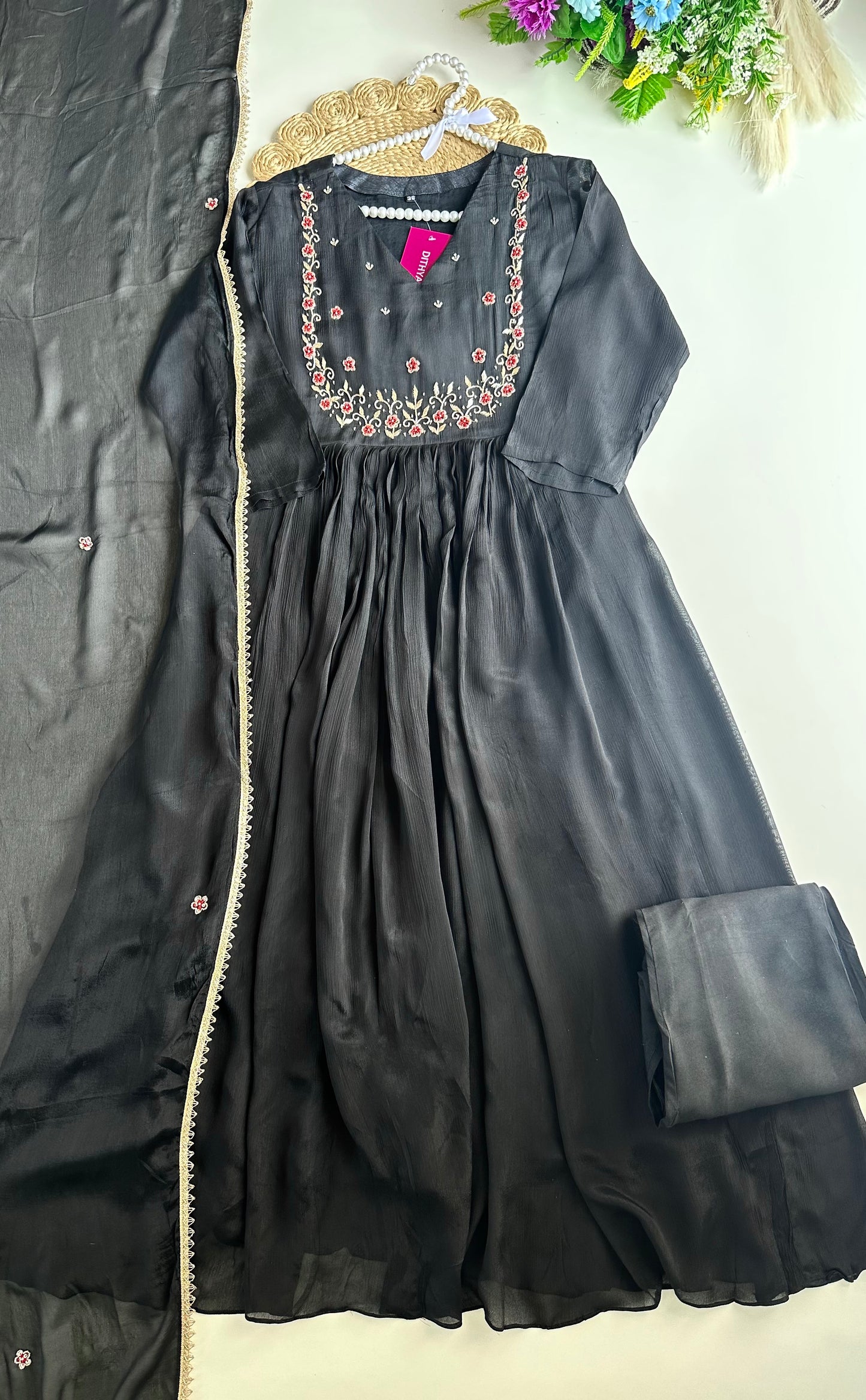 K029 - Chinnon handwork Anarkali with pants and dupatta
