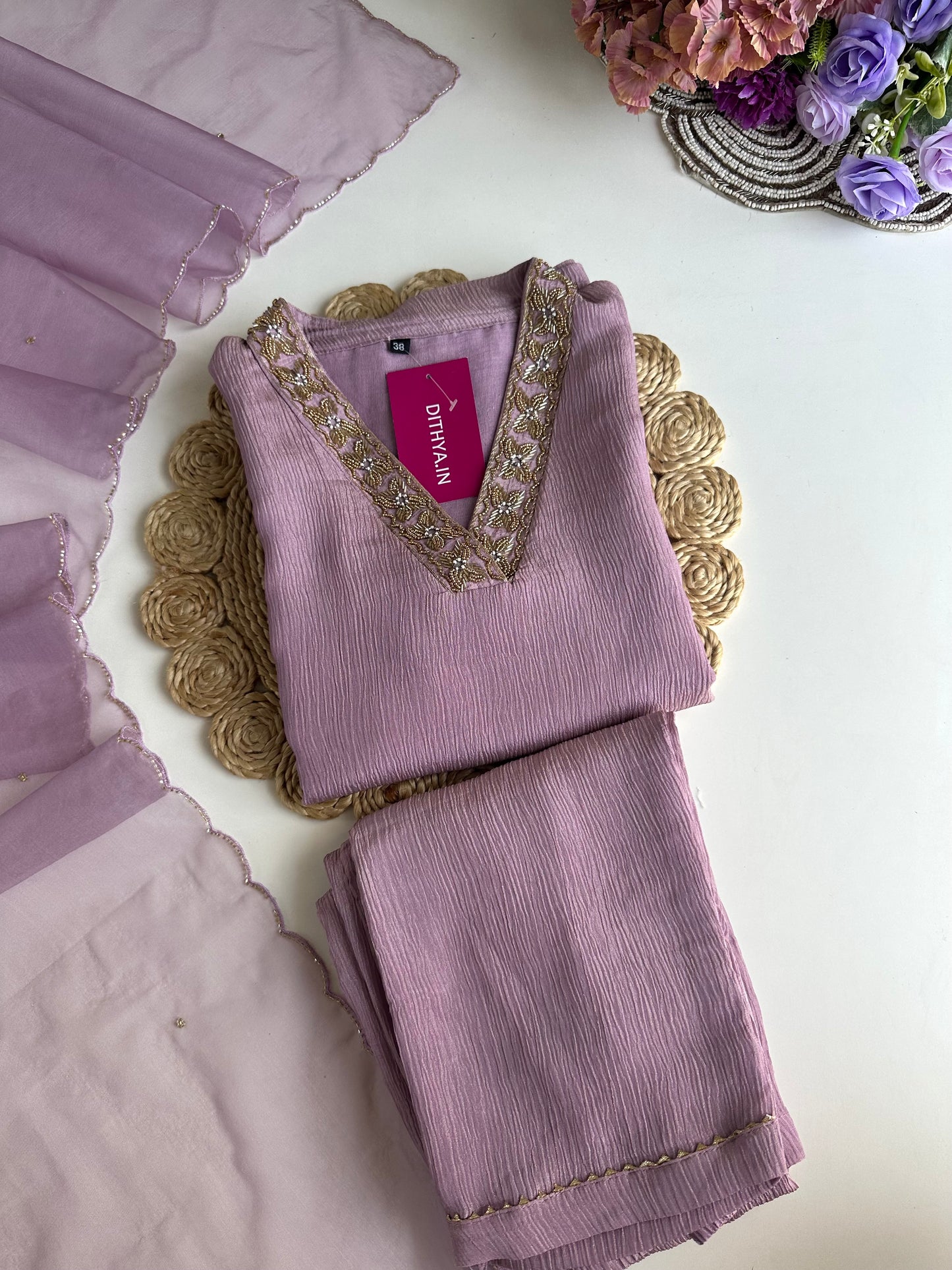 K057 - Crush tissue handwork straight Kurti with pants and dupatta in 2 colours