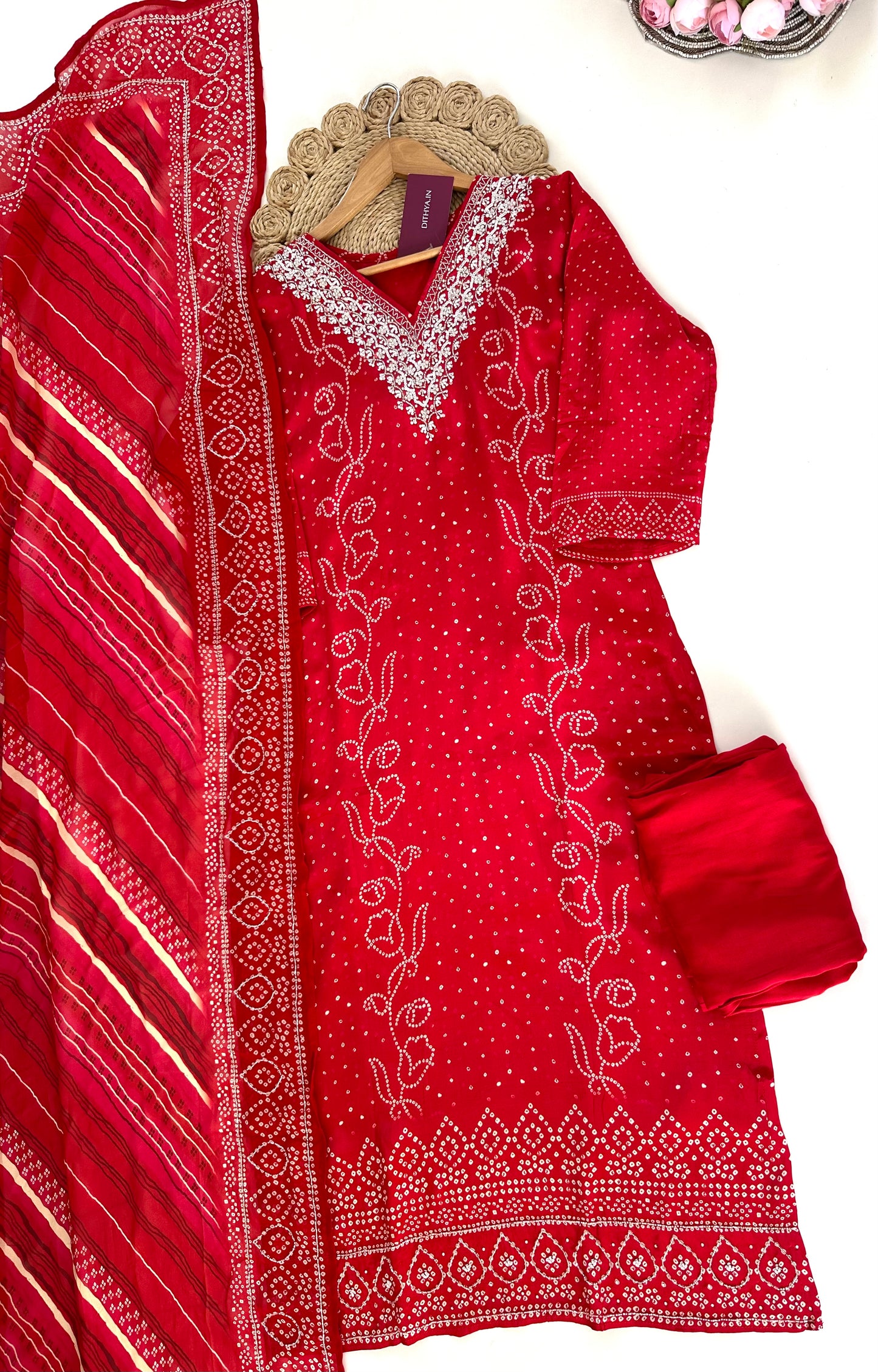 K174 - Pure crape handwork straight Kurti with pants and dupatta in 2 colours