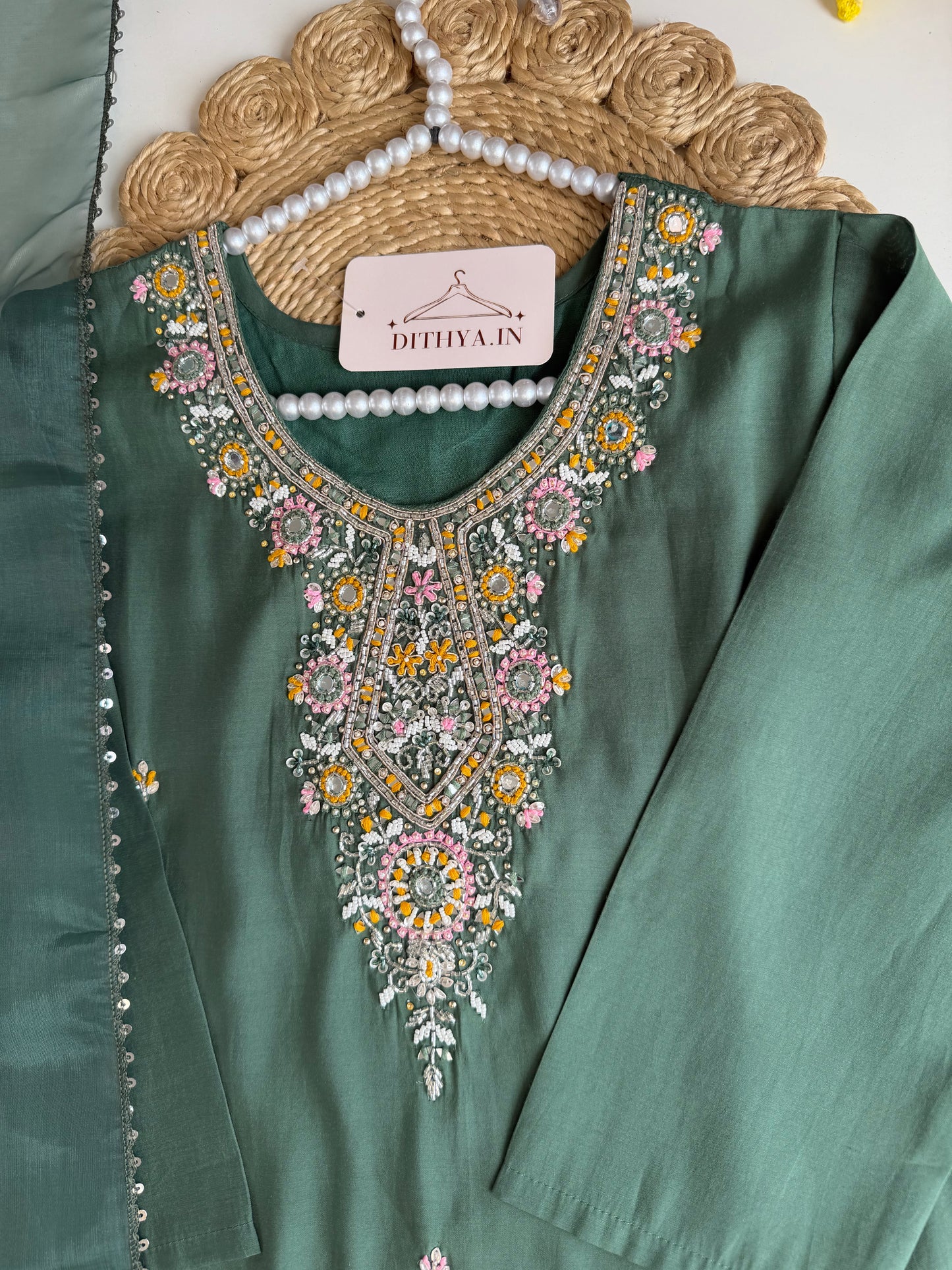 K514 - Roman silk handwork straight Kurti with pants and dupatta