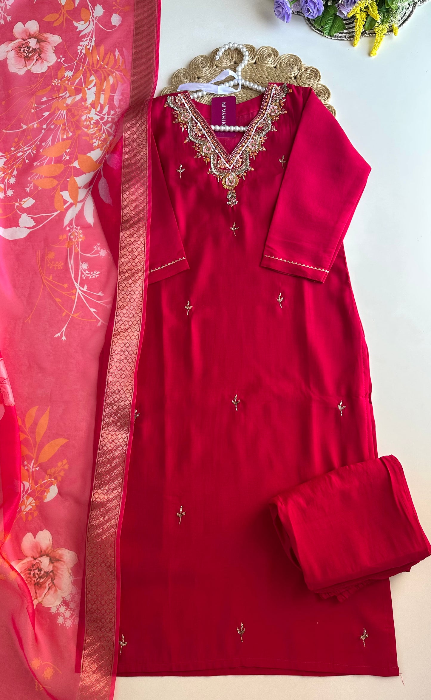 K024 - Roman silk handwork straight Kurti with pants and dupatta in 3 colours