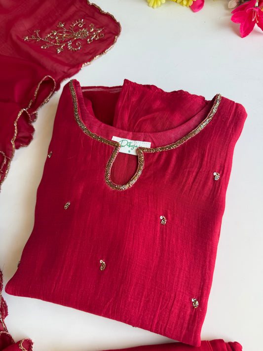 K075 - Pure Banarasi Mul chanderi handwork aline Kurti with pants and dupatta