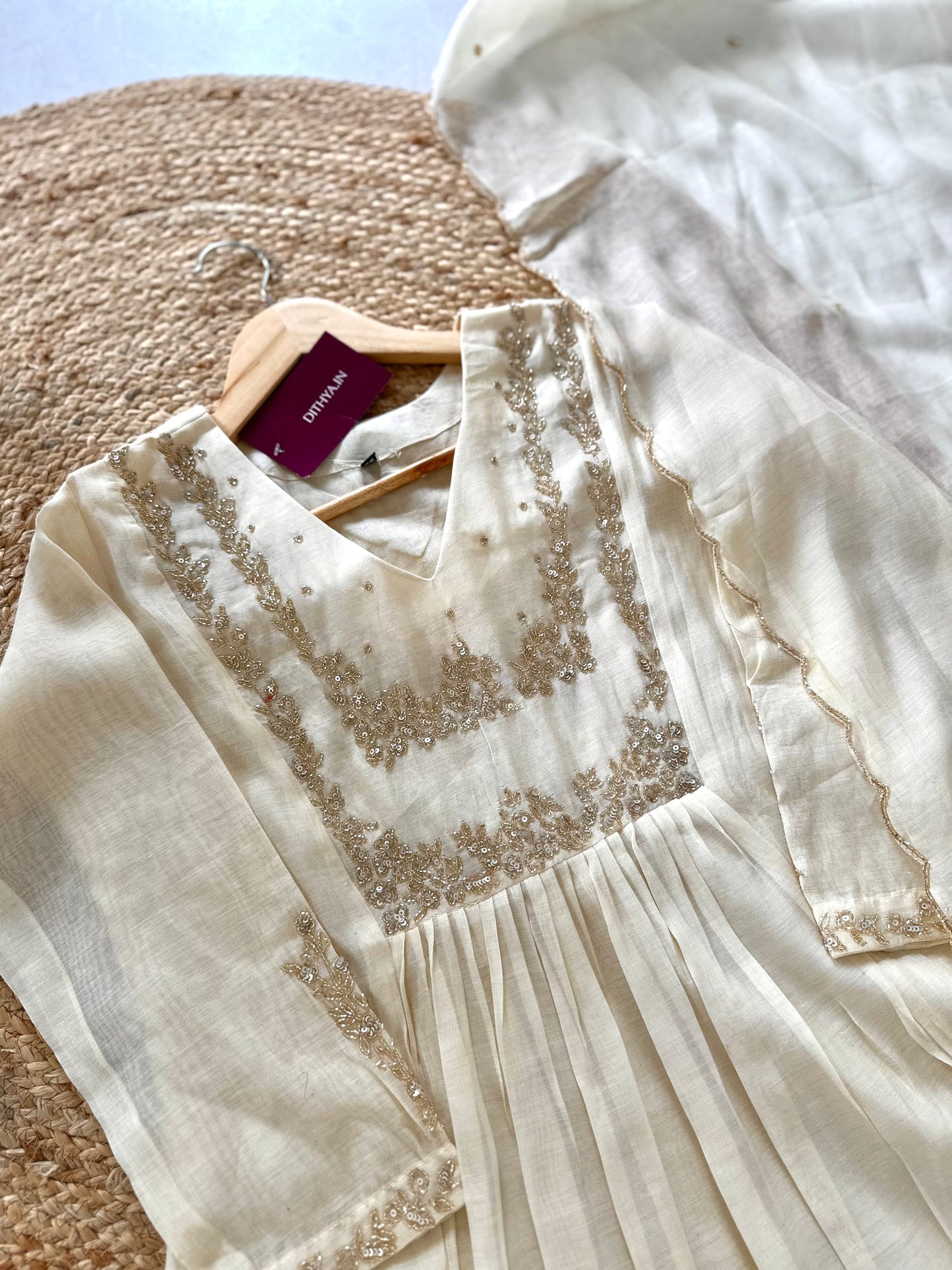 K229 - Mul Chanderi Handwork Aline Kurti with pants and dupatta in 2 colours