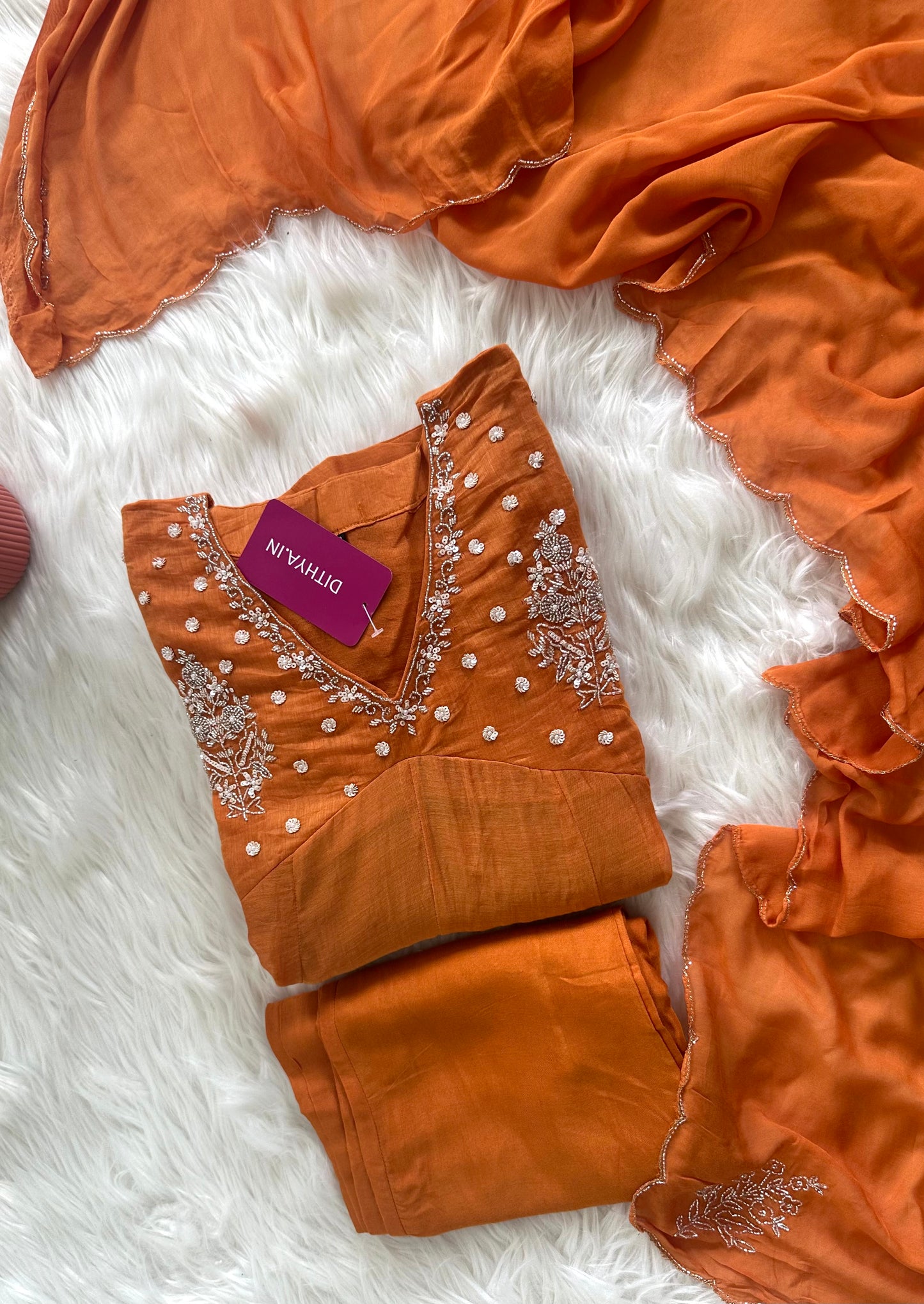 K092 - Mul Chanderi handwork Aline Kurti with pants and dupatta
