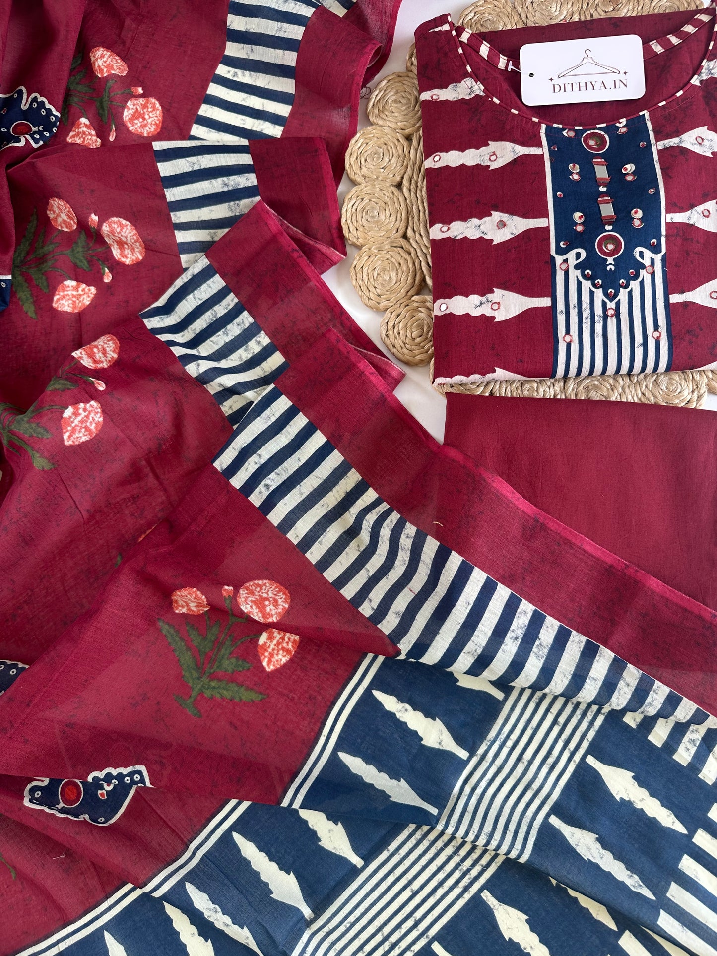 K381 - Mul cotton printed straight Kurti with pants and dupatta