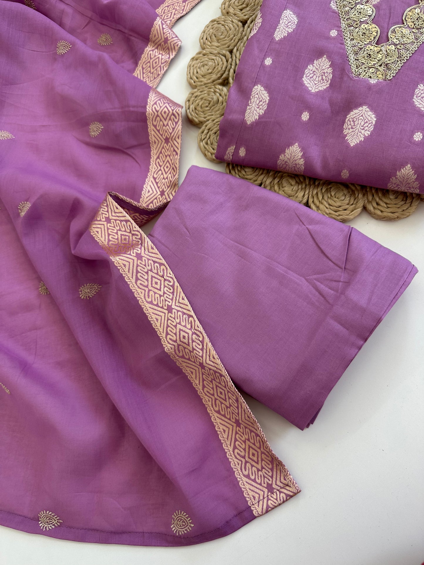K094 - Cotton Jacquard Aline Kurti with pants and dupatta in 3 colours.