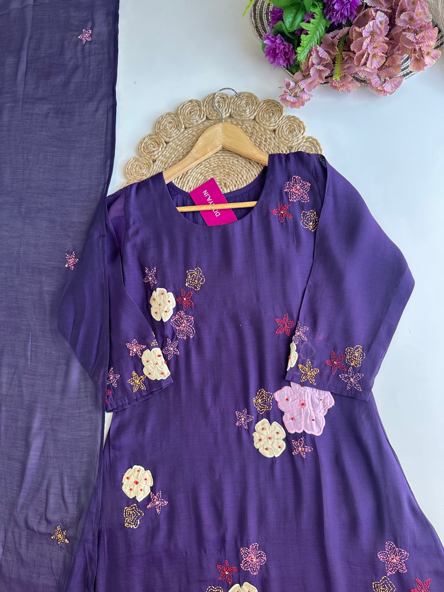 K092 - Mul Chanderi appliqué work Aline Kurti with pants and dupatta