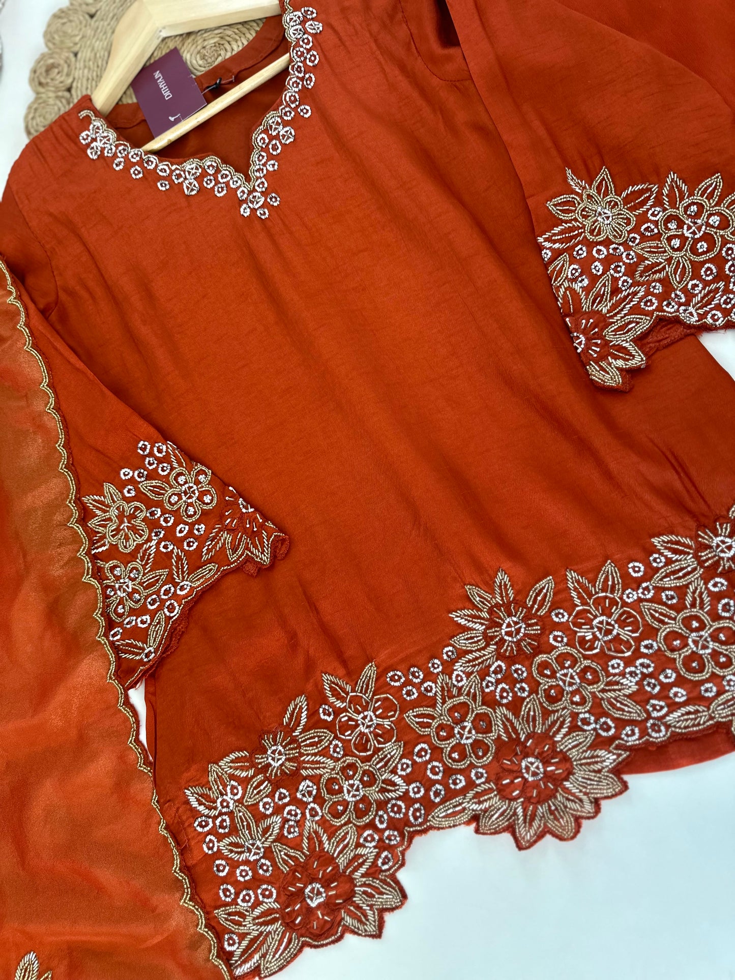 K207 - Russian silk handwork Kurti with palazzo and dupatta in 2 colours.