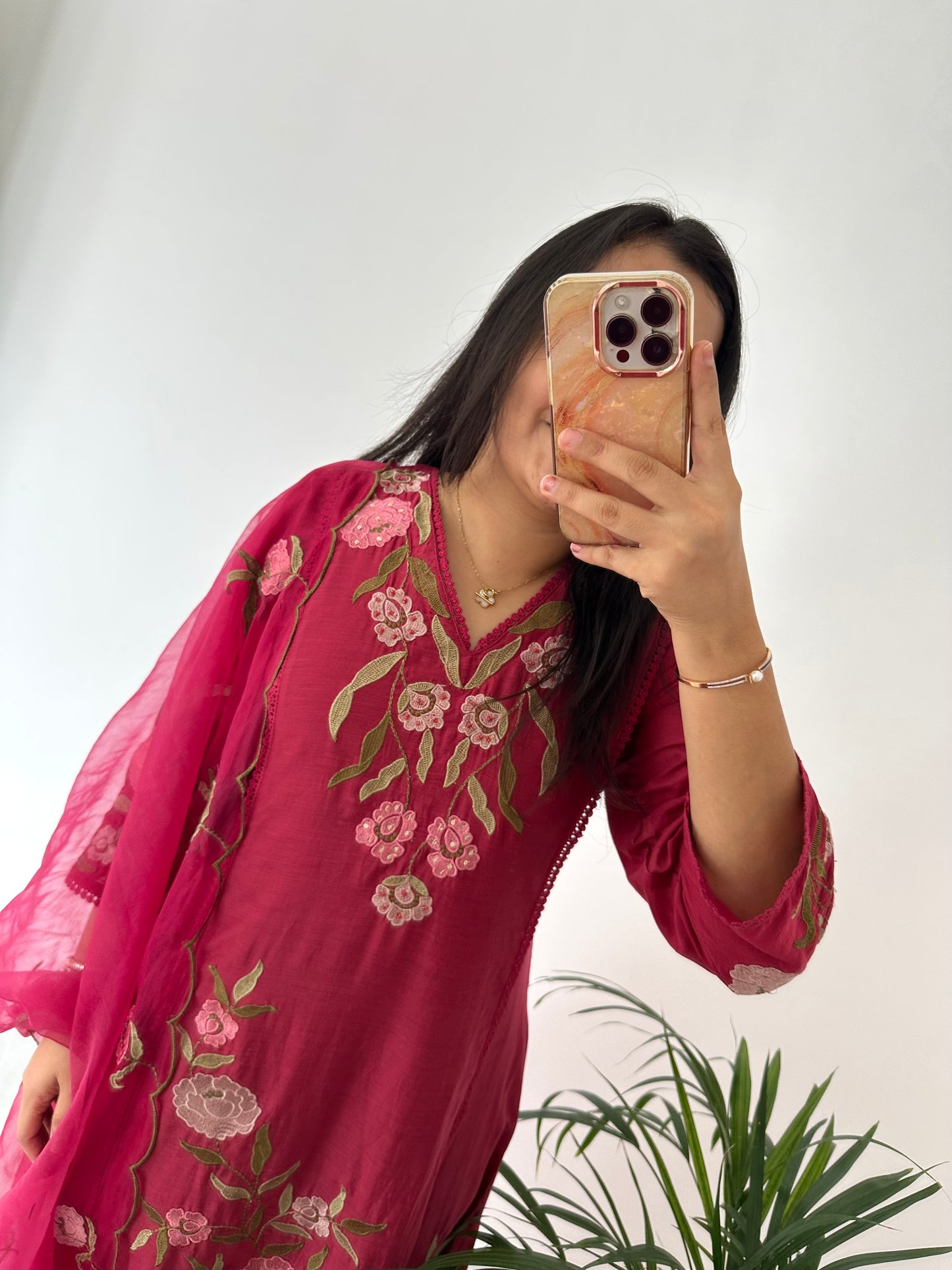 K379 - Mul Chanderi appliqué work Aline Kurti with pants and dupatta in 2 colours