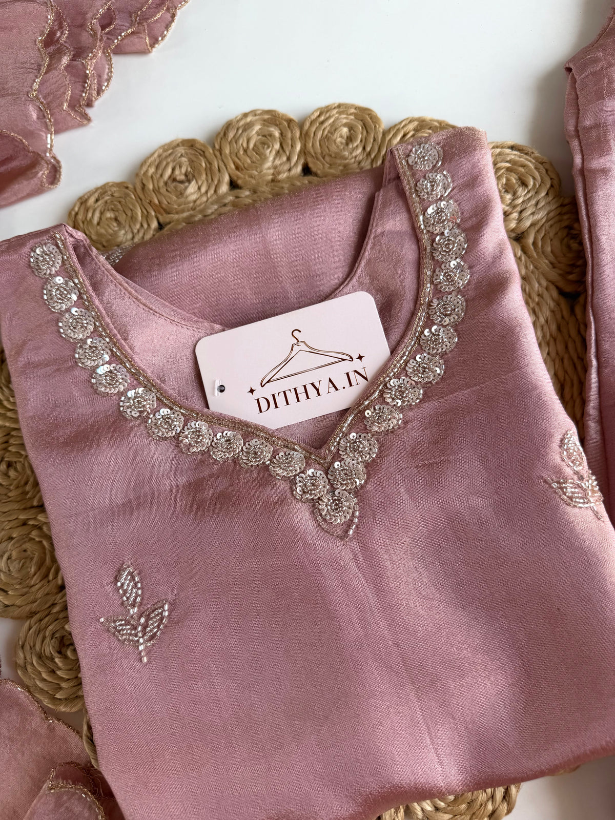 K203 - Tissue silk handwork short Kurti with divider pants and dupatta