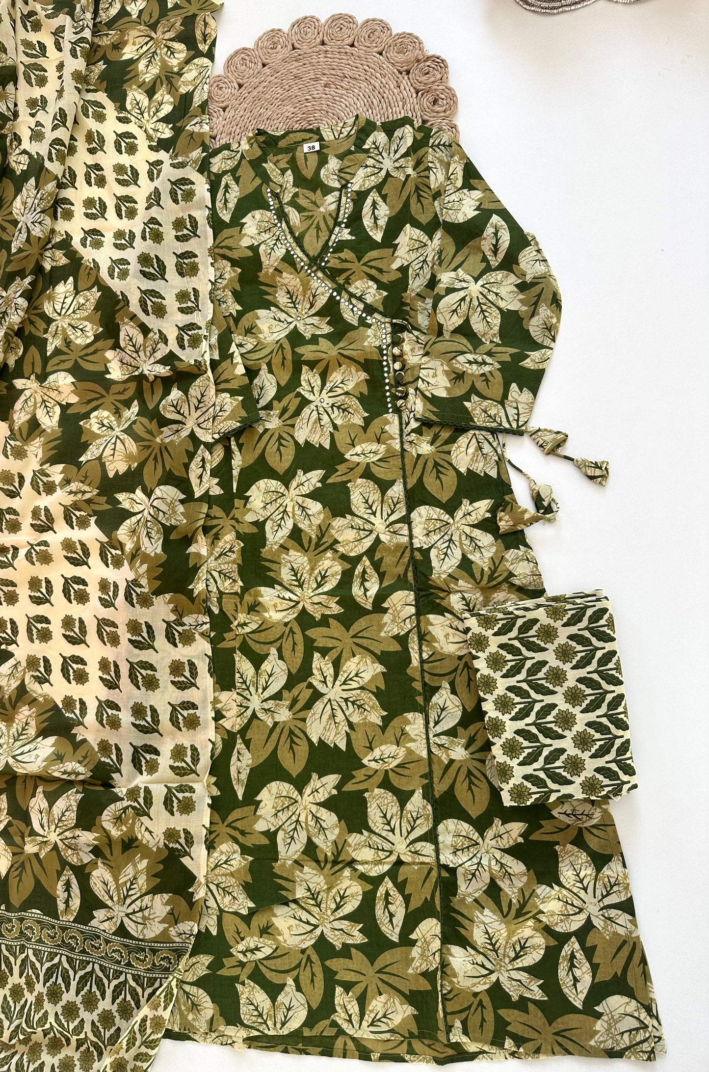 K301 - Cotton Angrakha straight kurti with pants and dupatta