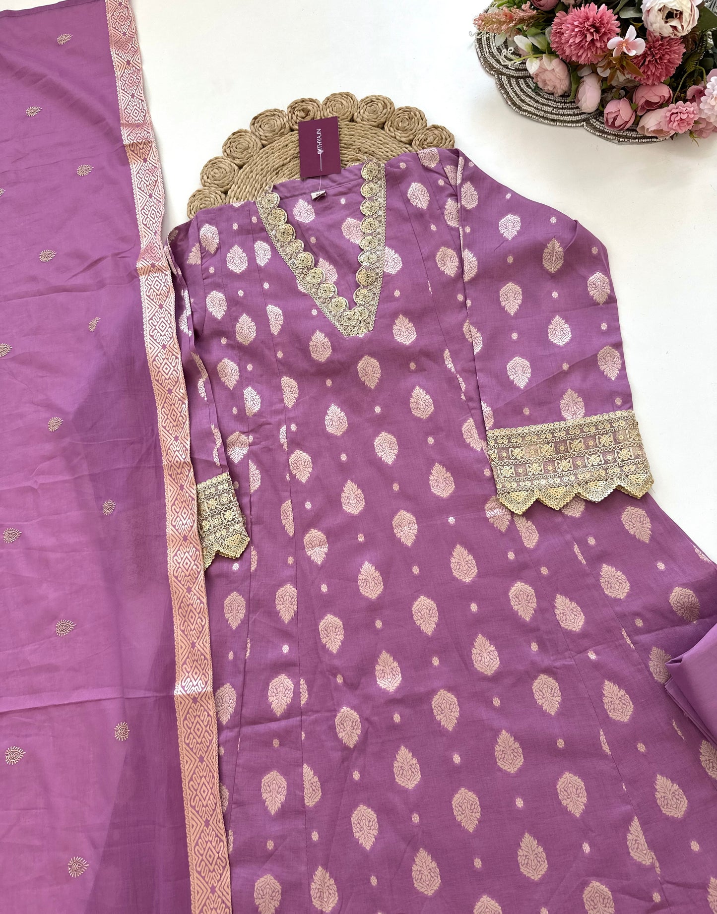 K094 - Cotton Jacquard Aline Kurti with pants and dupatta in 3 colours.