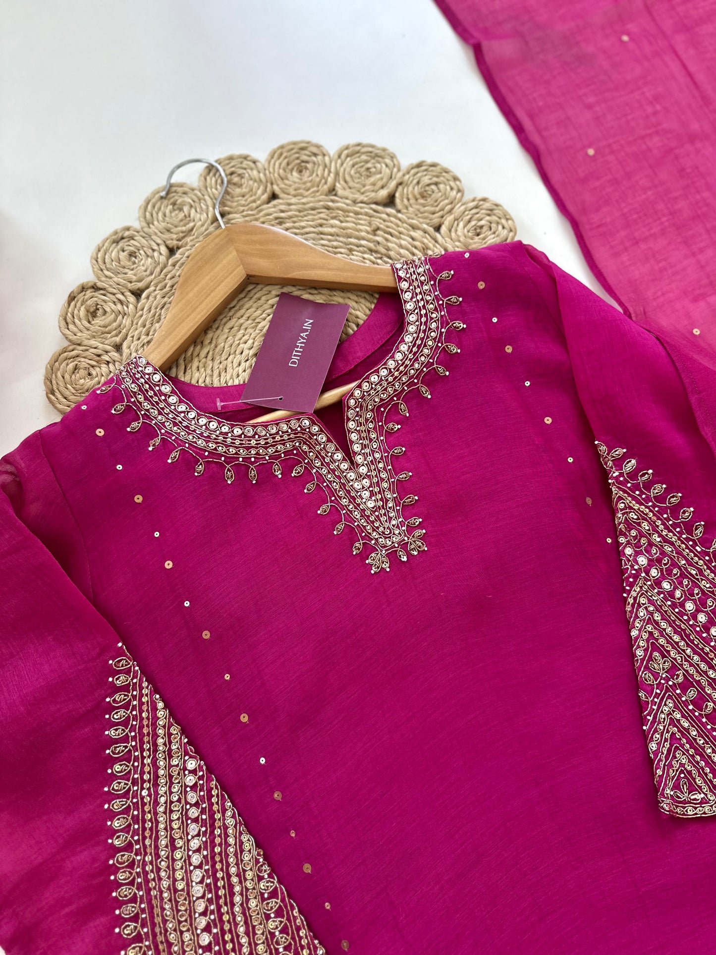 K080 - Mul Chanderi handwork straight kurti with pants and dupatta