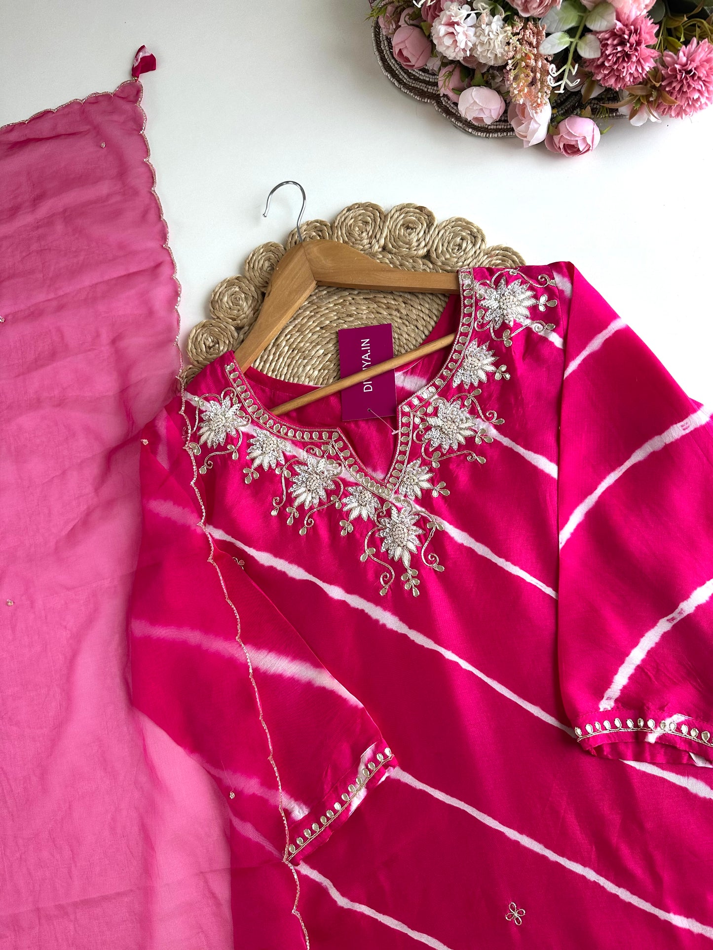 K016 - Russian silk leheriya handwork Straight Kurti with pants and dupatta in 2 styles