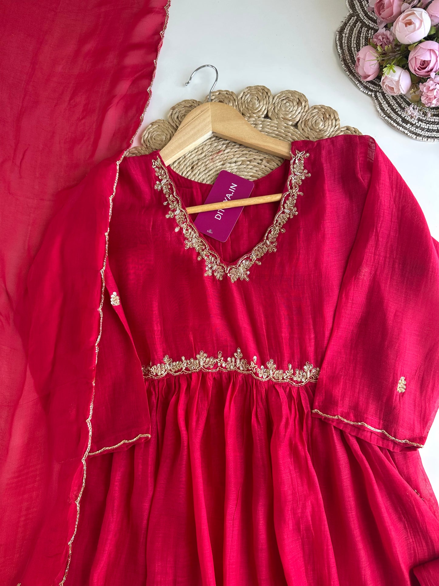 K324 - Mul Chanderi handwork Aline Kurti with pants and dupatta