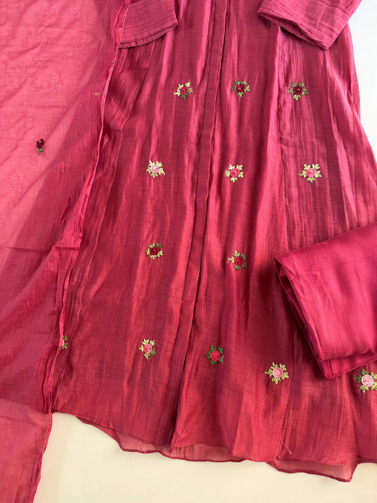 K086 - Mul chanderi embroidered Aline Kurti with pants and dupatta