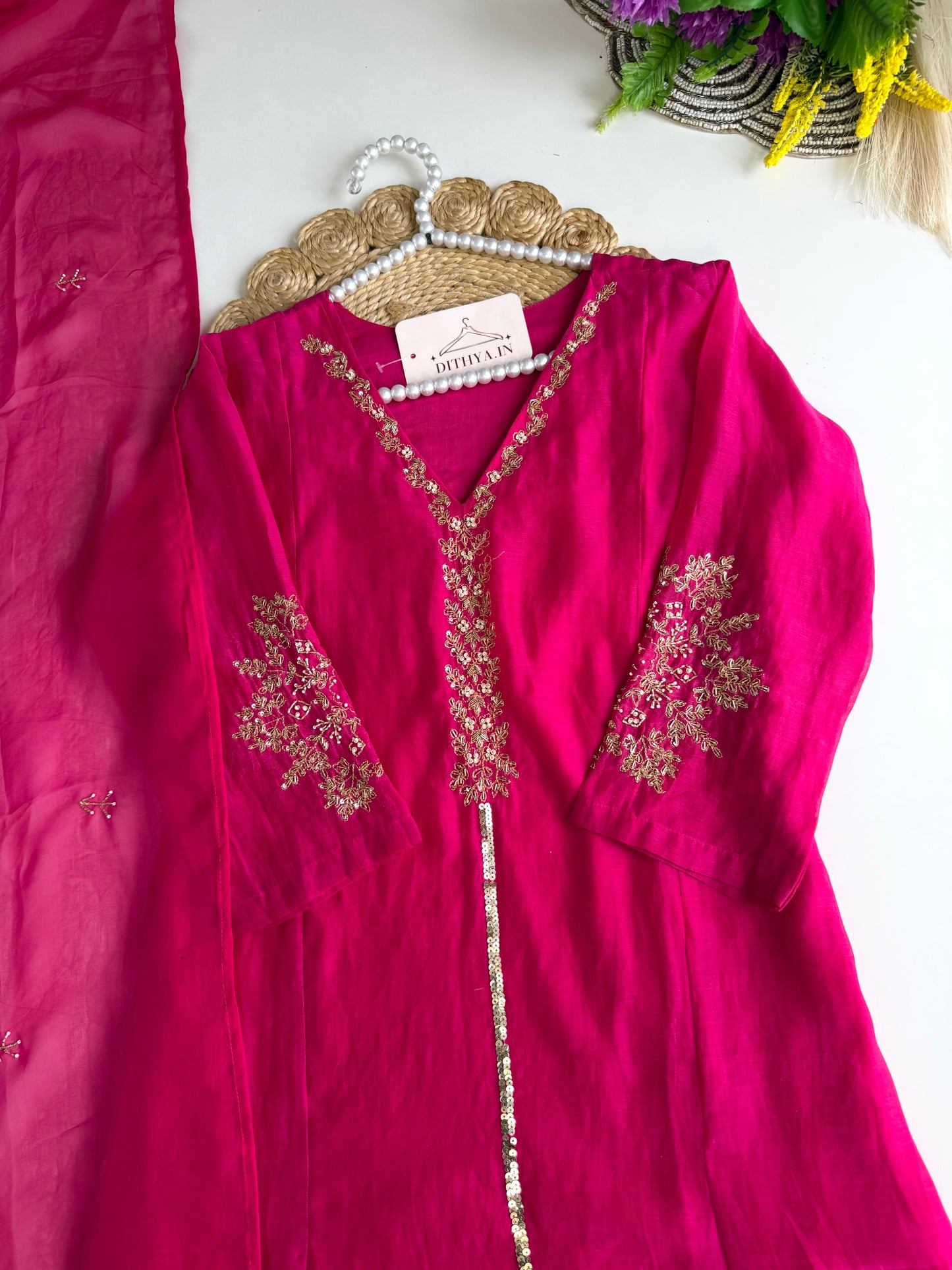 K074 - Mul chanderi handwork Aline Kurti with pants and dupatta