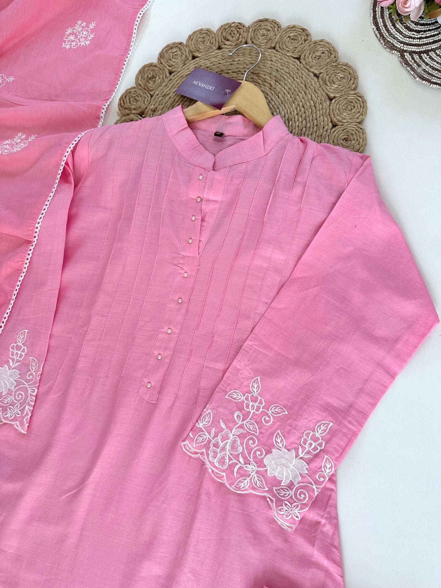 K089 - Mulmul cotton embroidered Anarkali with pants and dupatta in 2 colours