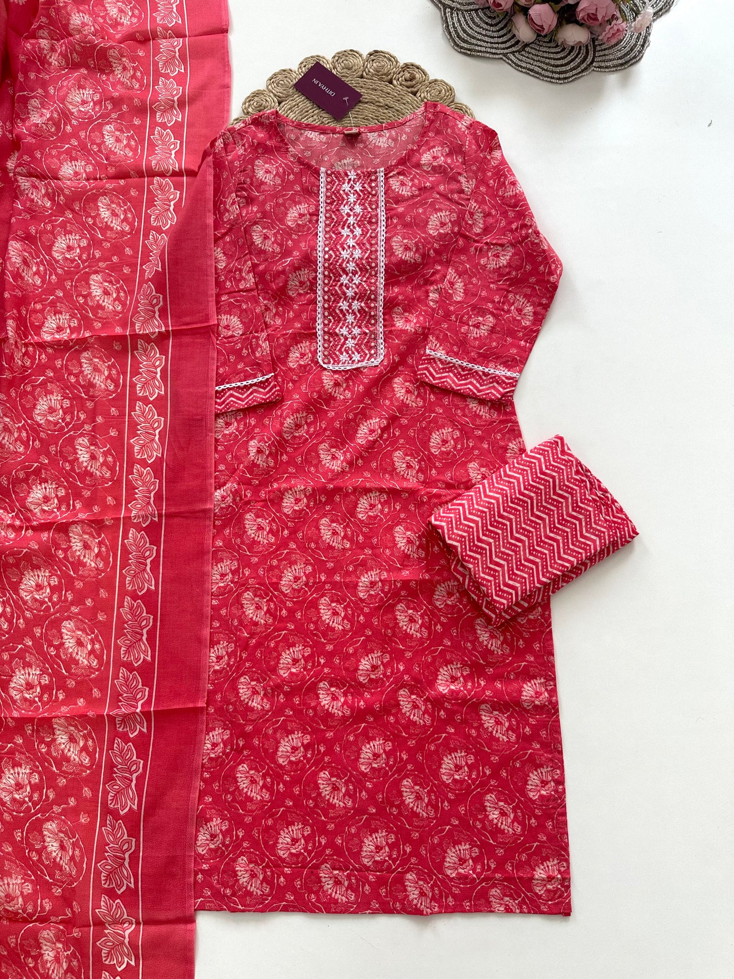 K275 - Cotton printed straight Kurti with pants and dupatta