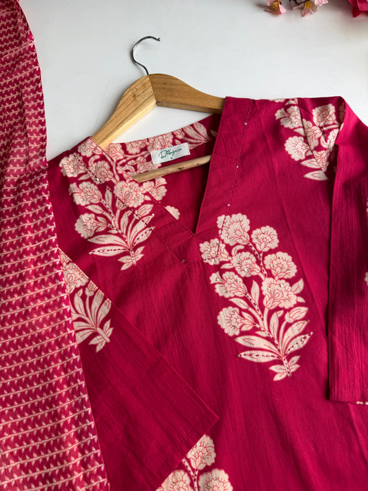 K180 - Mul cotton embroidered straight Kurti with pants and dupatta