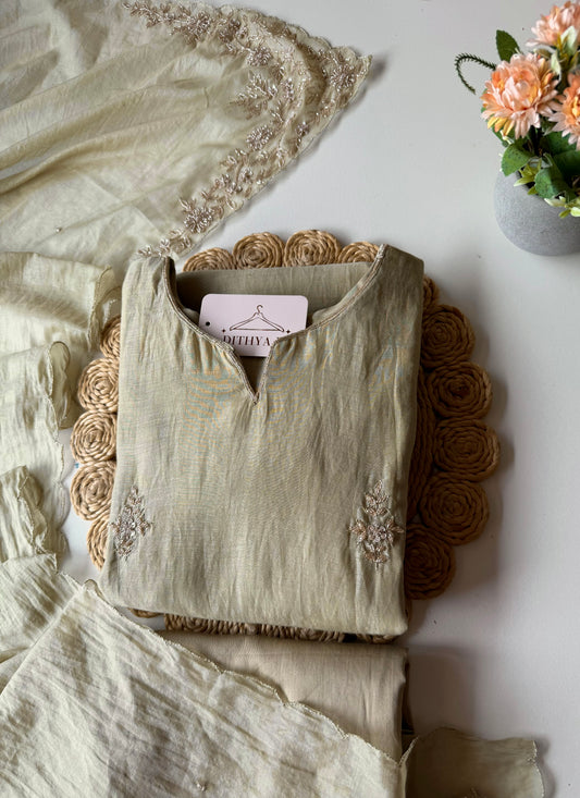 K183 - Mul chanderi handwork aline Kurti with pants and dupatta