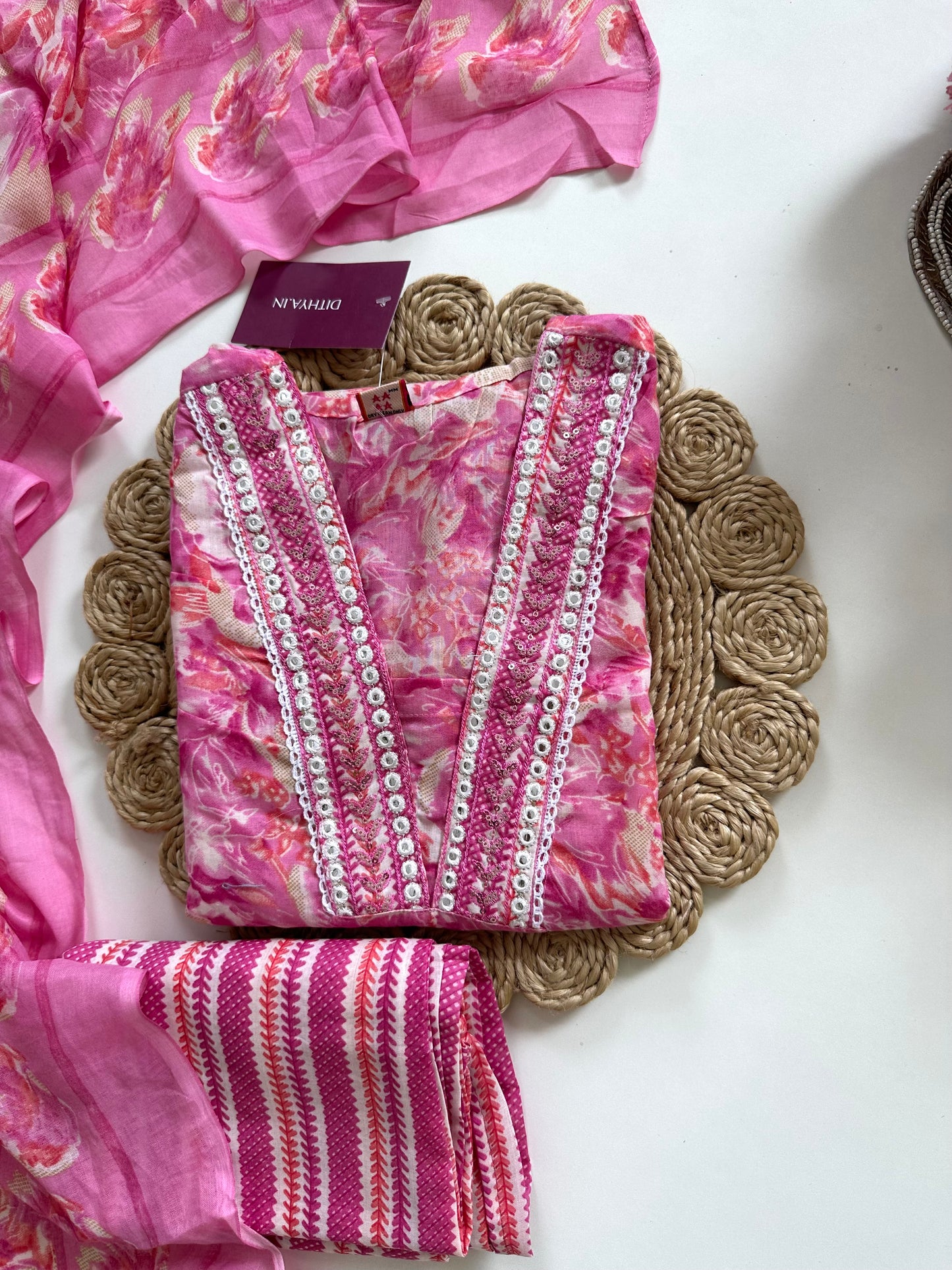 K387 - Cotton floral straight Kurti with pants and dupatta in 4 colours