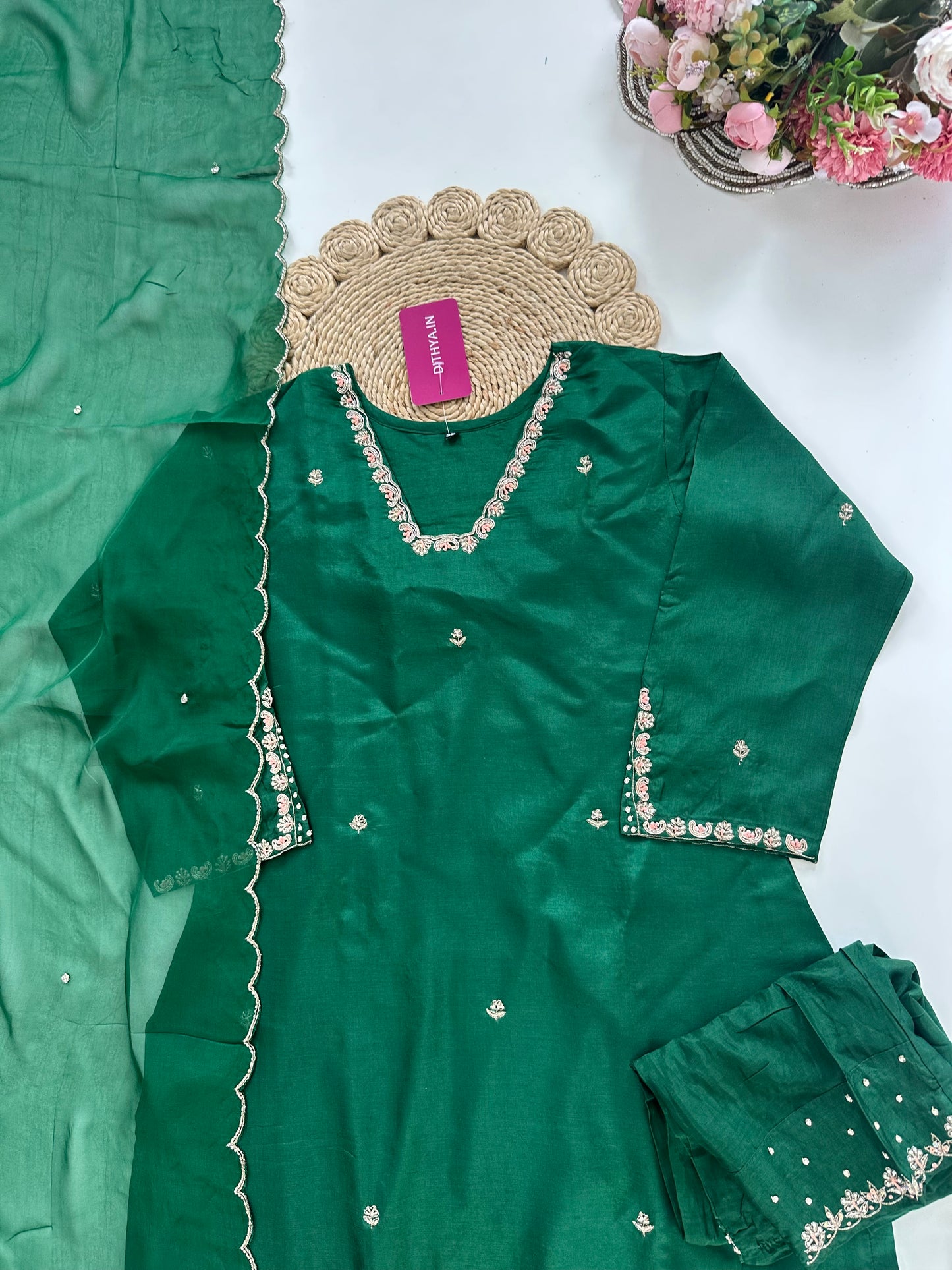 K010 - Dola silk handwork straight Kurti with pants and dupatta in 2 colours