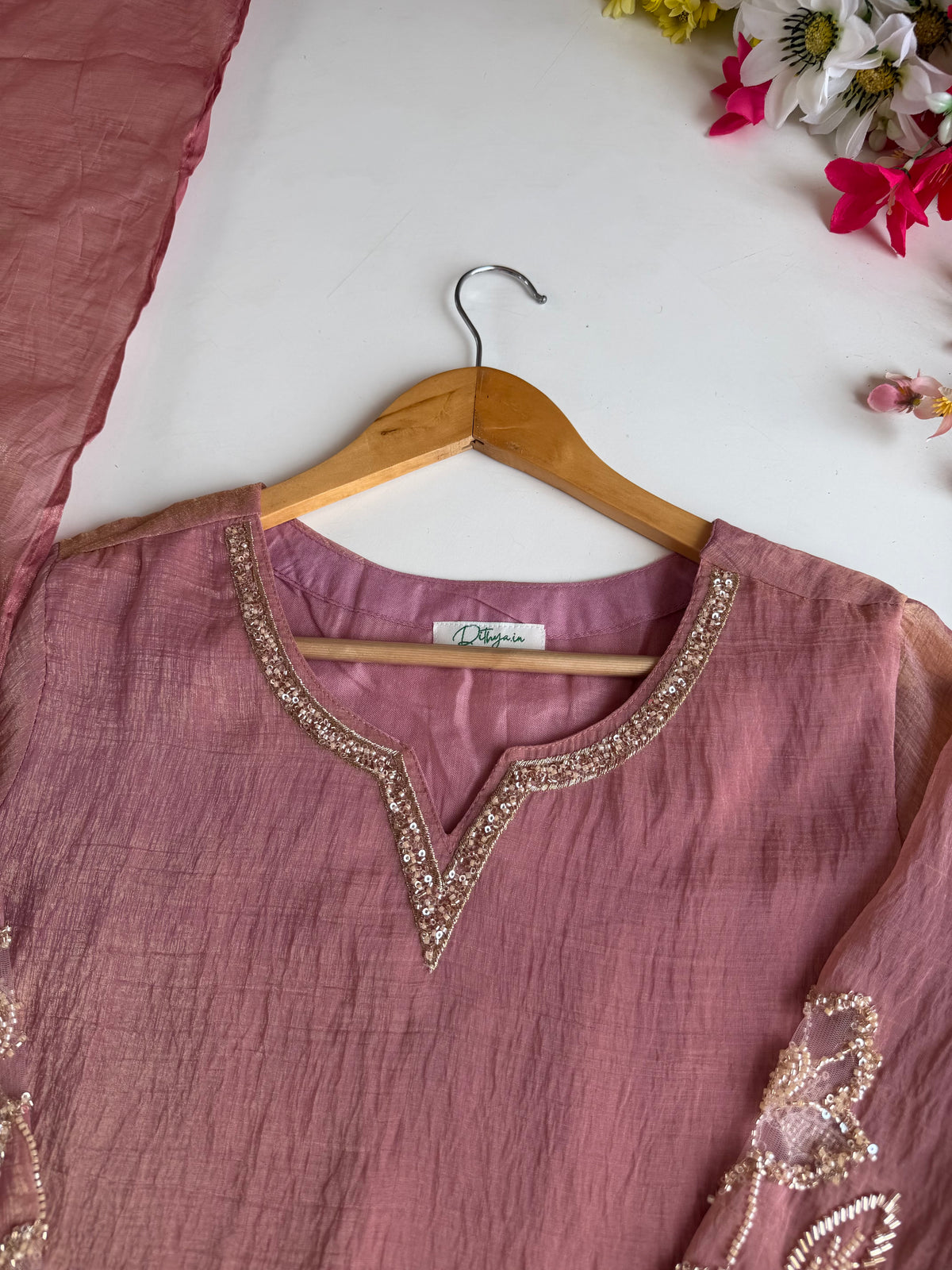 K065 - Crush Tissue silk handwork short Kurti with divider pants and dupatta