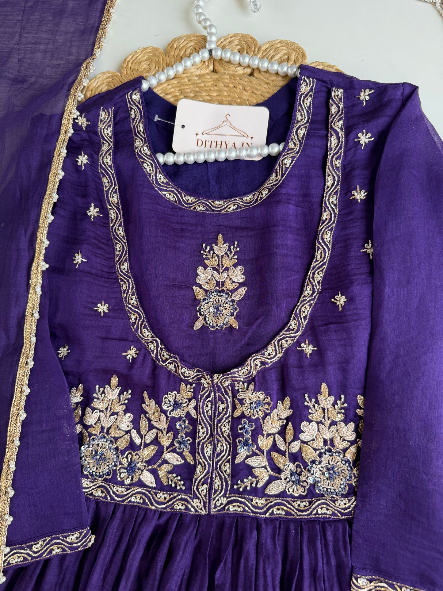 K076 - Mul Chanderi handwork Anarkali with side slit, straight pants and dupatta