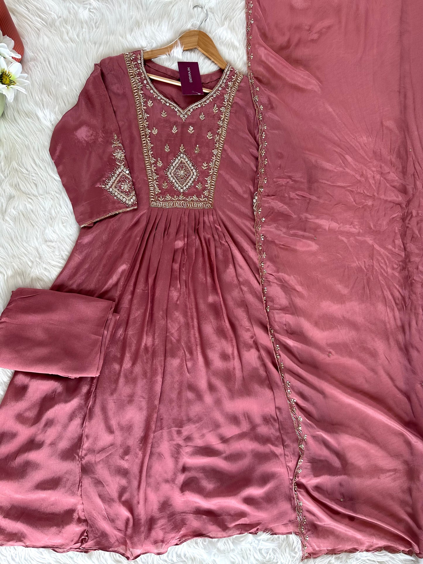 K399 - Handwork Chinnon Anarkali with pants and dupatta in 2 colour