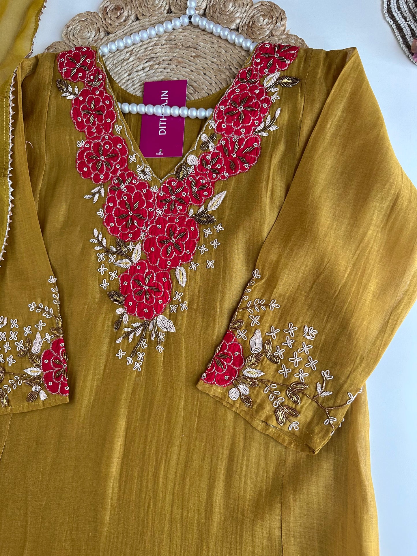 K167 - Pure mul Chanderi handwork Aline Kurti with pants and dupatta