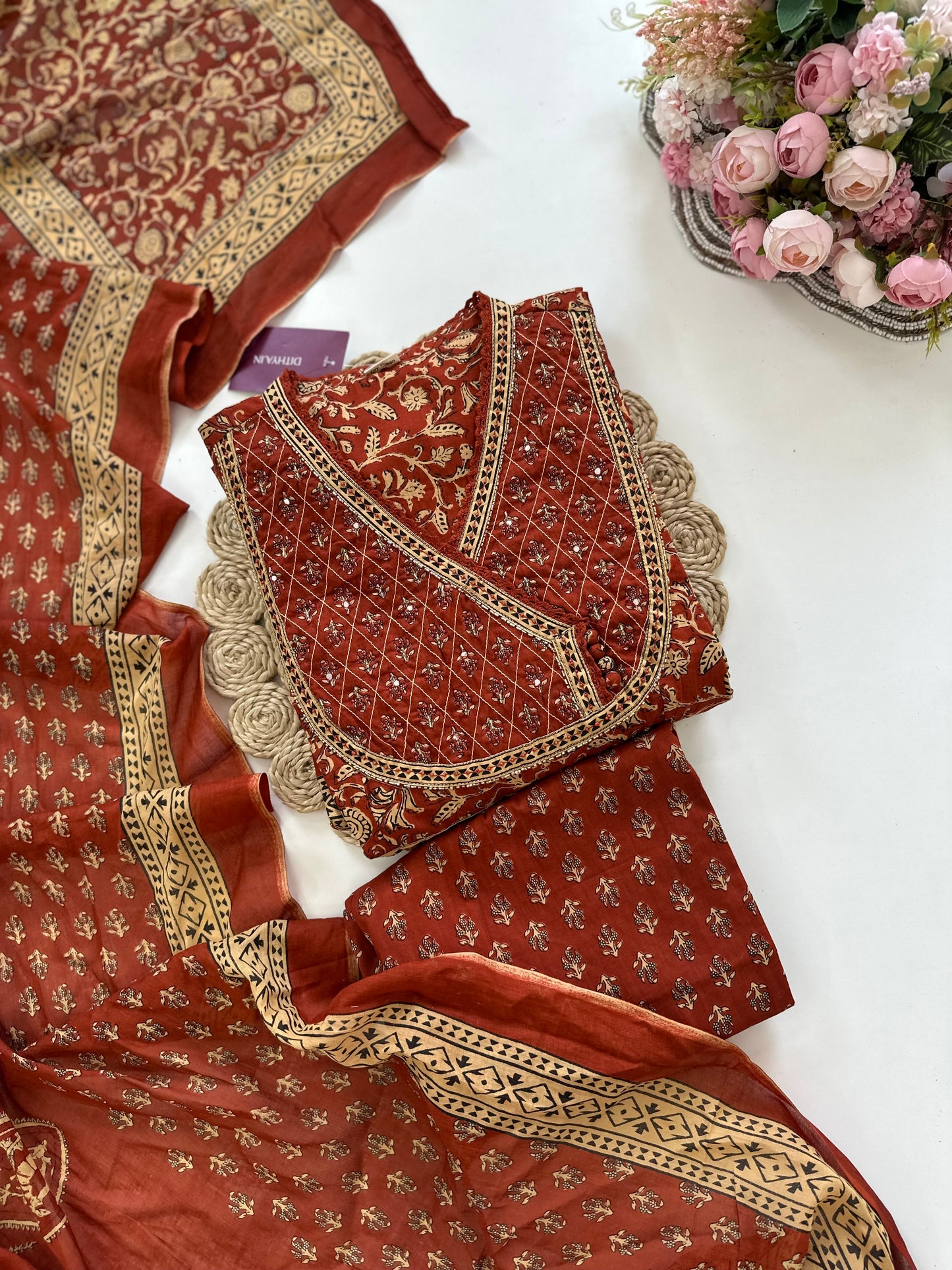 K055 - Cotton Handwork Anarkali with pants and dupatta in 2 colours