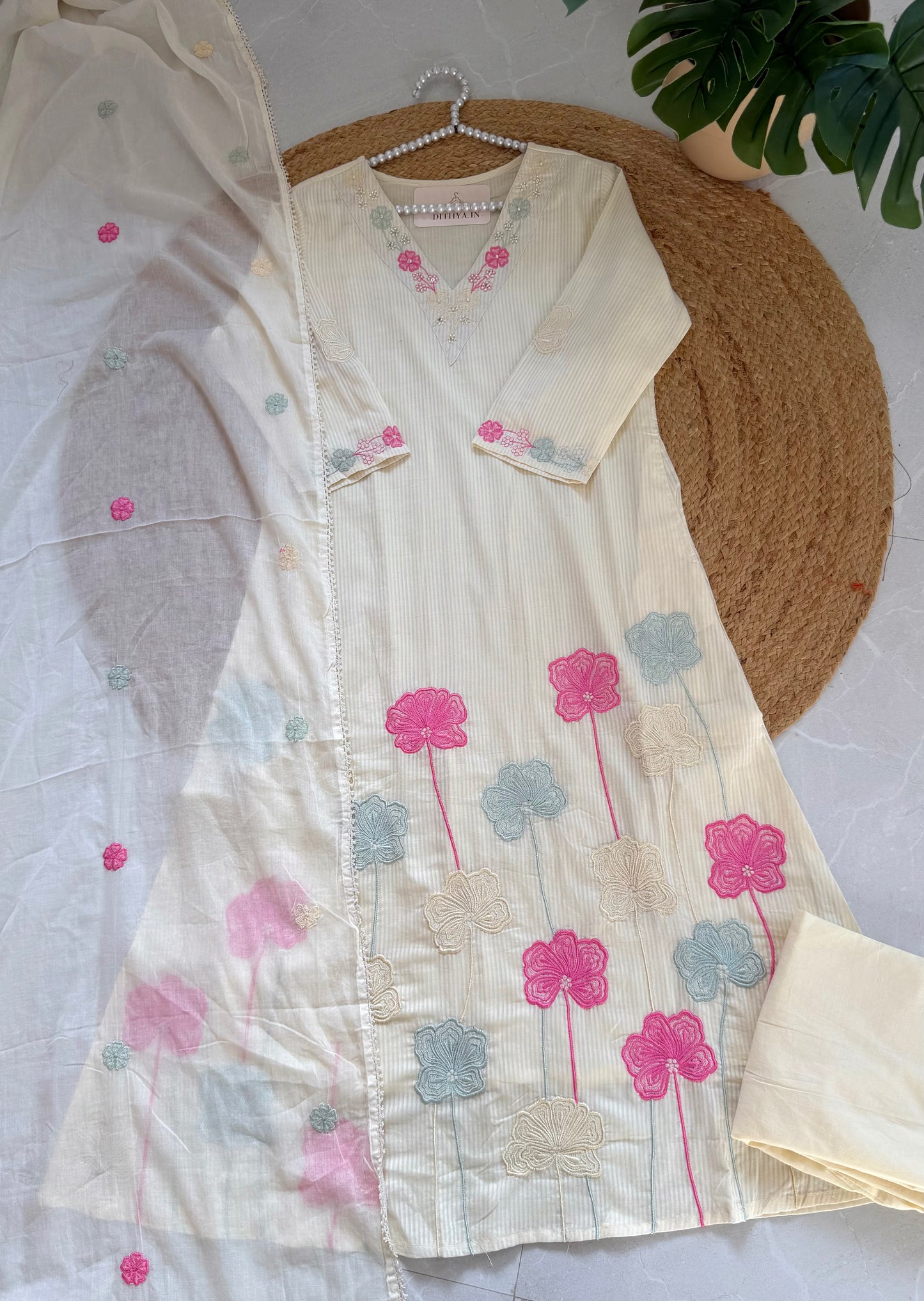 K491 - Mul cotton appliqué work aline Kurti with pants and dupatta