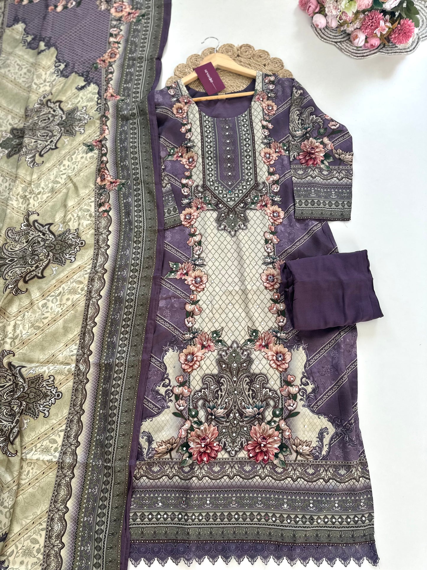 K124 - Pure crepe floral printed straight Kurti with pants and dupatta