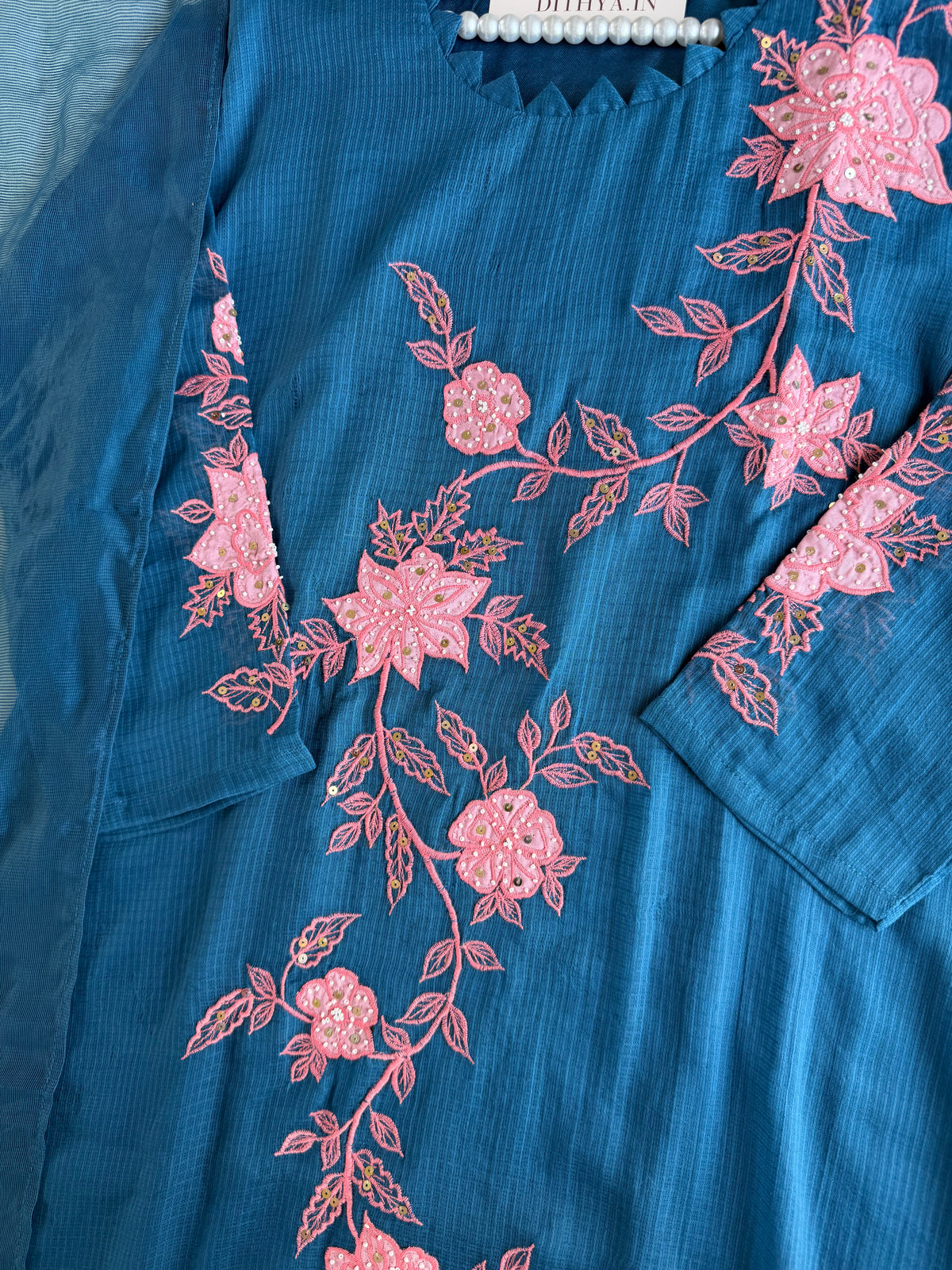 K390 - Kota doriya handwork appliqué Aline Kurti with pants and dupatta