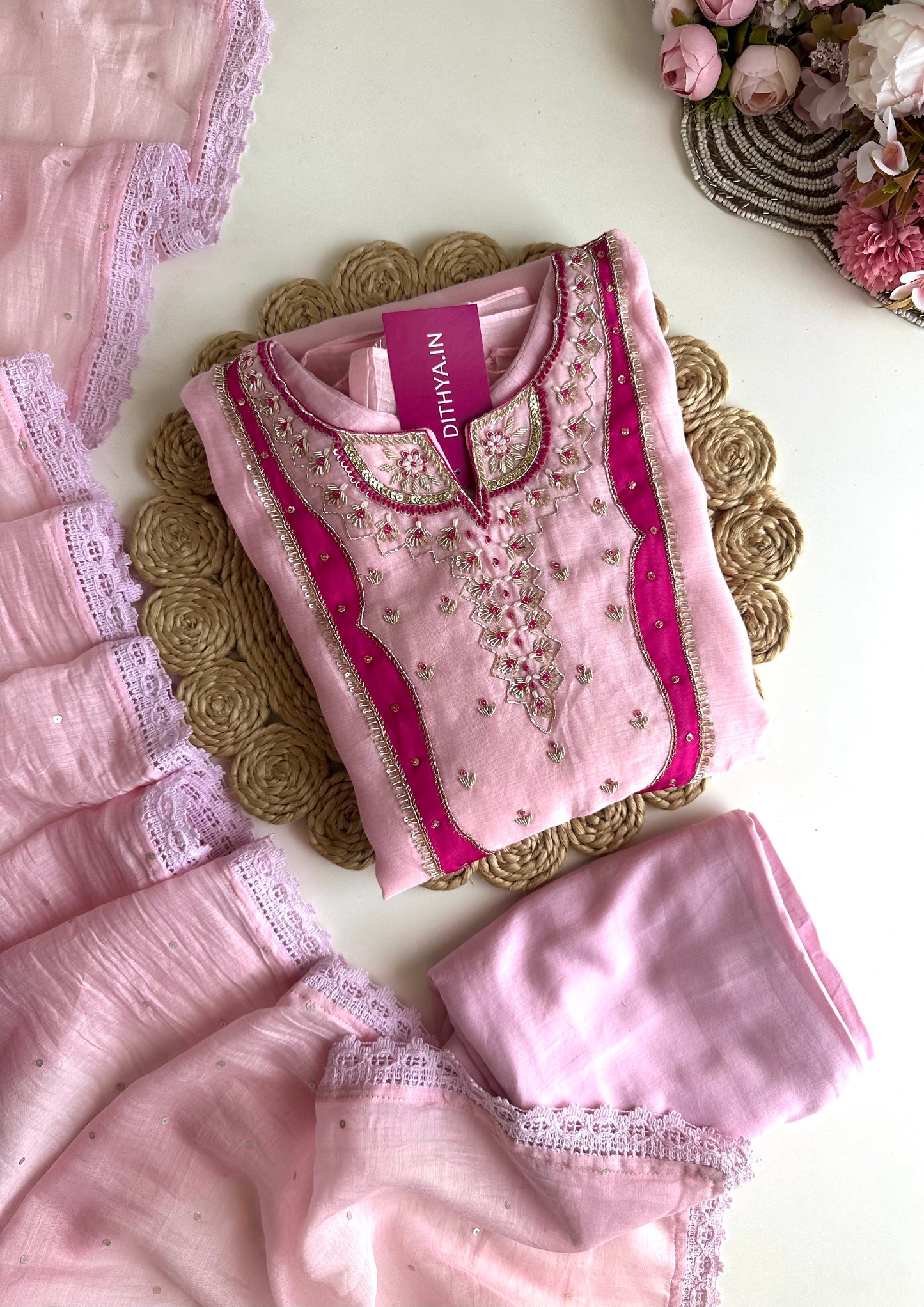 K297 - Mul Chanderi Aline handwork Kurti with pants and dupatta