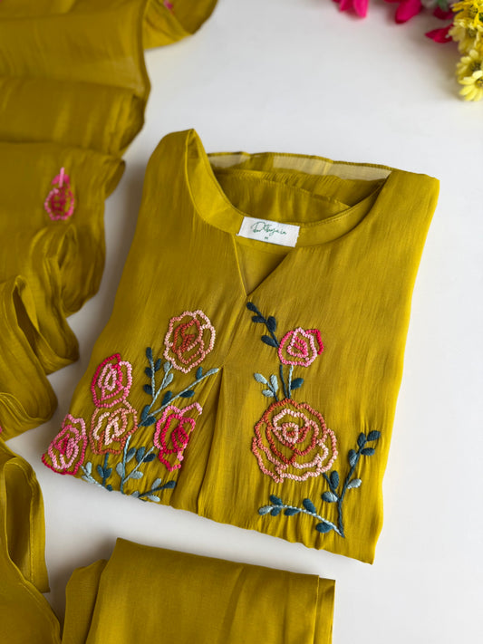 K297 - Surat Mul chanderi embroidered Aline Kurti with pants and dupatta