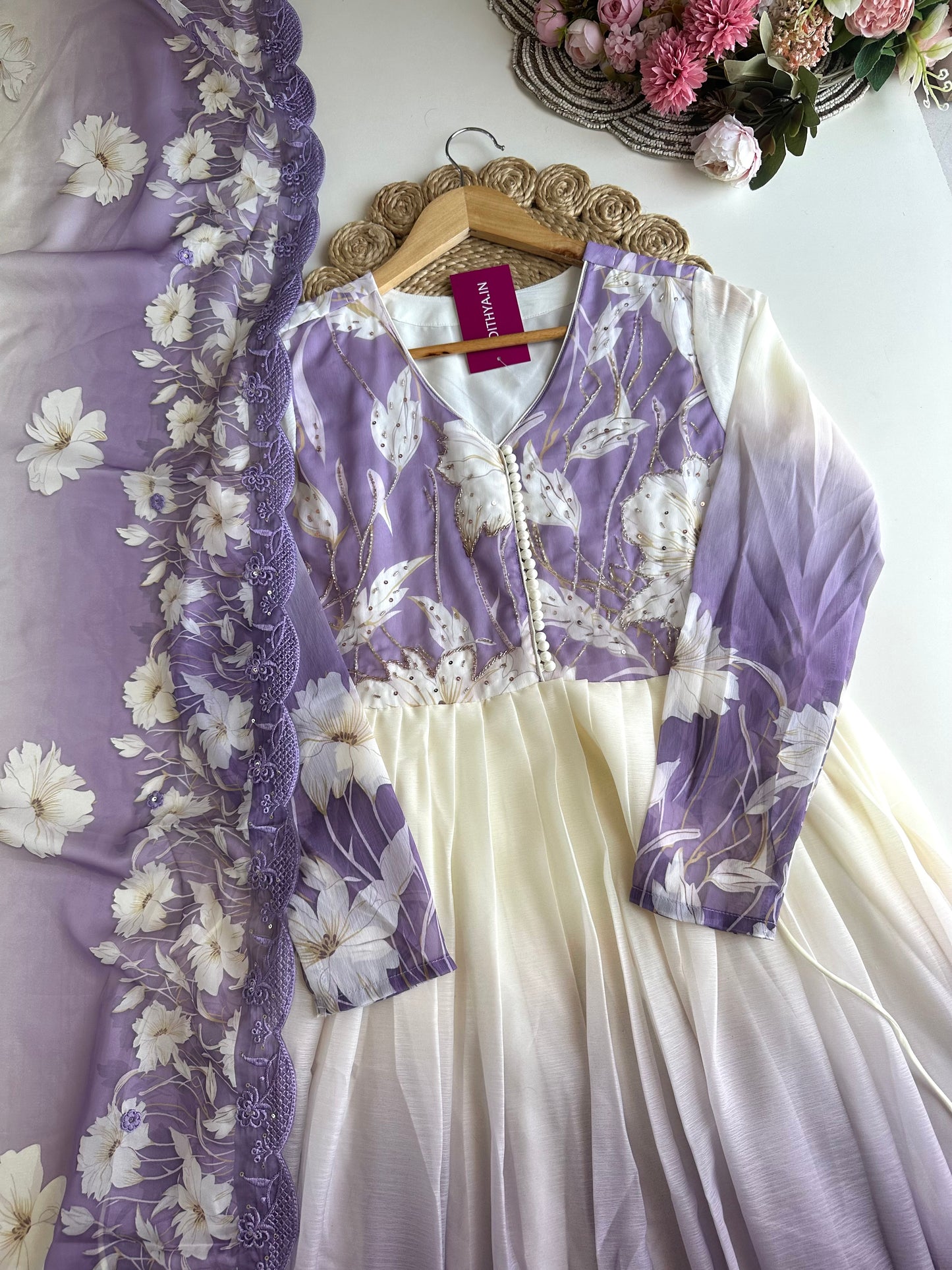 K426 - Chinnon handwork Floral Anarkali with pants and dupatta