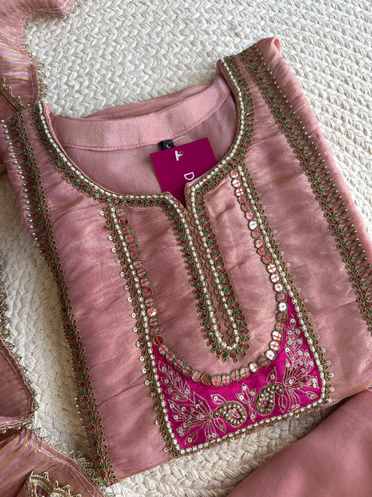 K421 - Tissue silk handwork straight Kurti with pants and dupatta in 2 colours