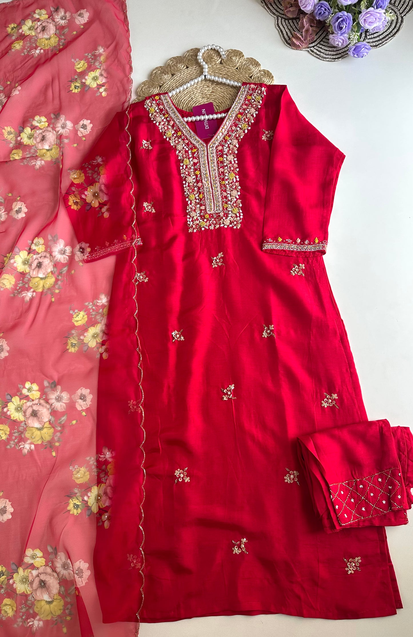 K018 - Russian silk handwork straight Kurti with pants and dupatta