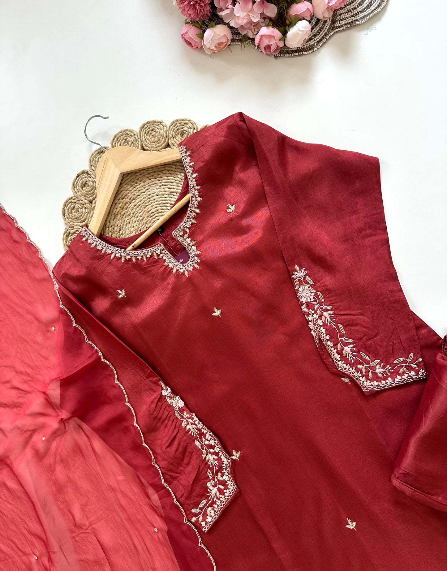 K324 - Russian silk handwork straight Kurti with pants and dupatta
