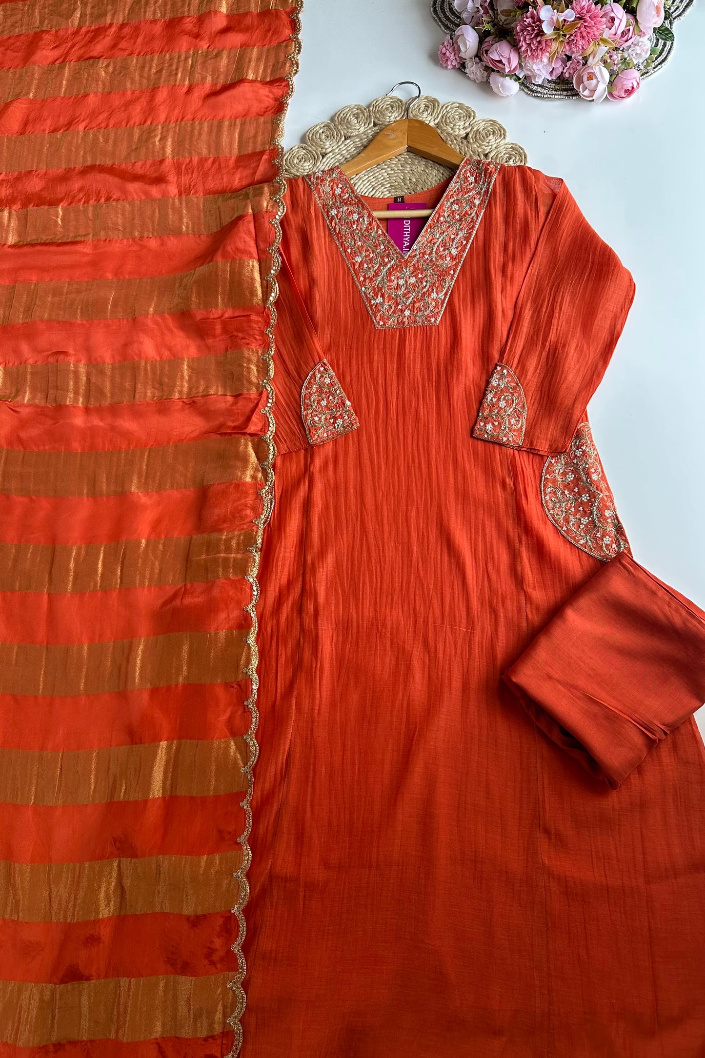 K332 - Mul Chanderi handwork Aline Kurti with pants and gaji organza dupatta