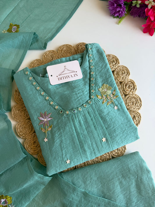 K473 - Crushed Mul chanderi embroidered Aline Kurti with pants and dupatta