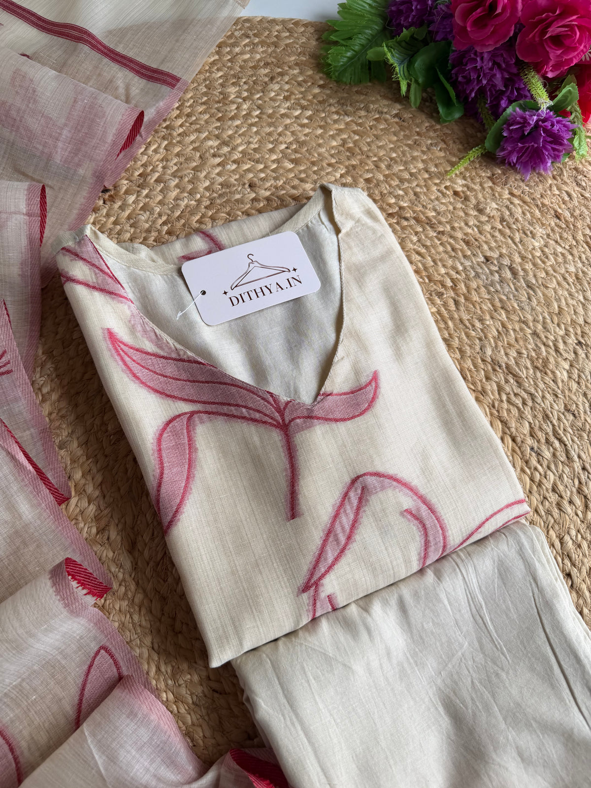 K672 - Gerader Kurti aus Chander i-Seide mit Blumenweberei, dazu Hose und Dupatta