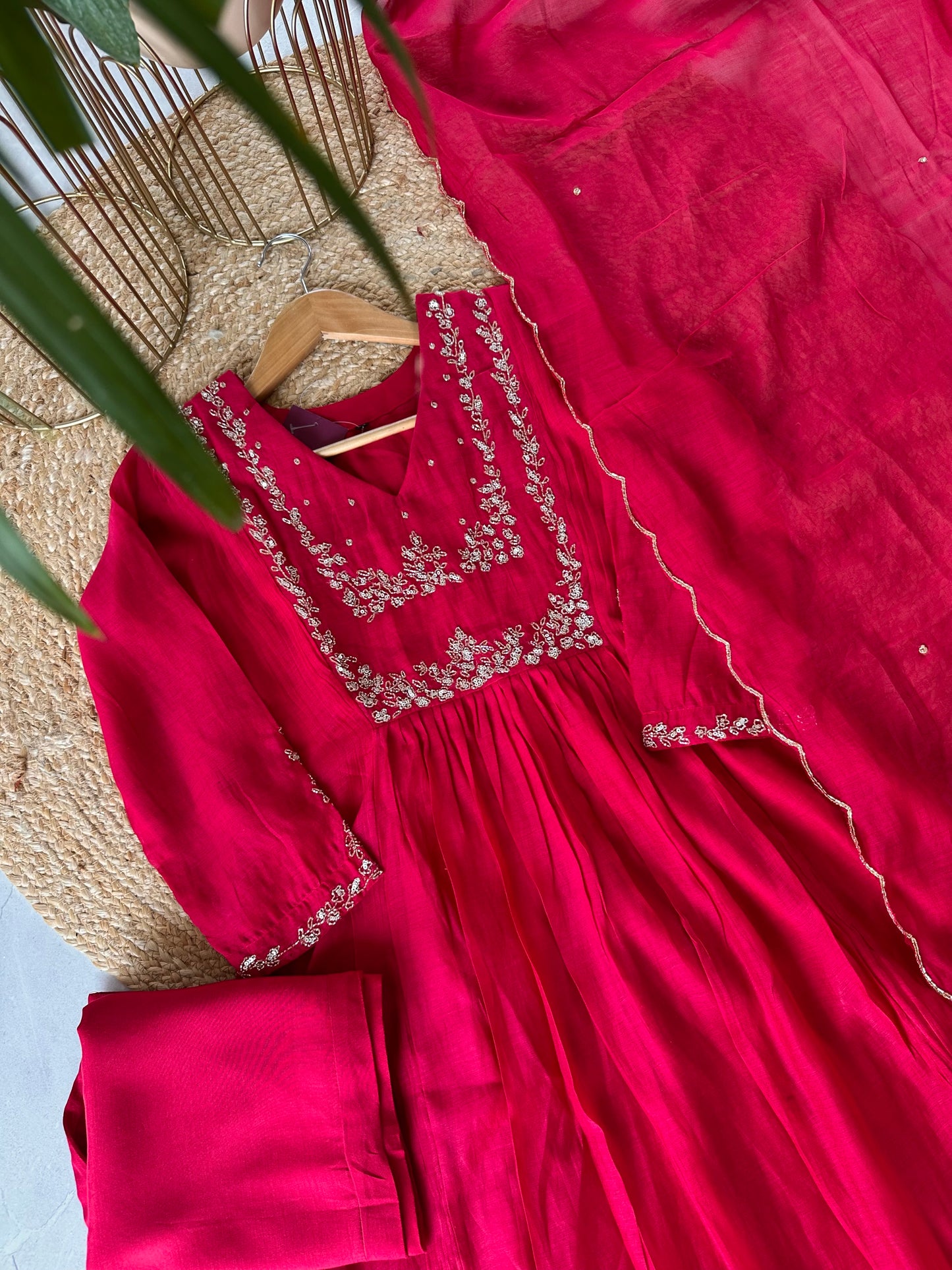 K229 - Mul Chanderi Handwork Aline Kurti with pants and dupatta in 2 colours