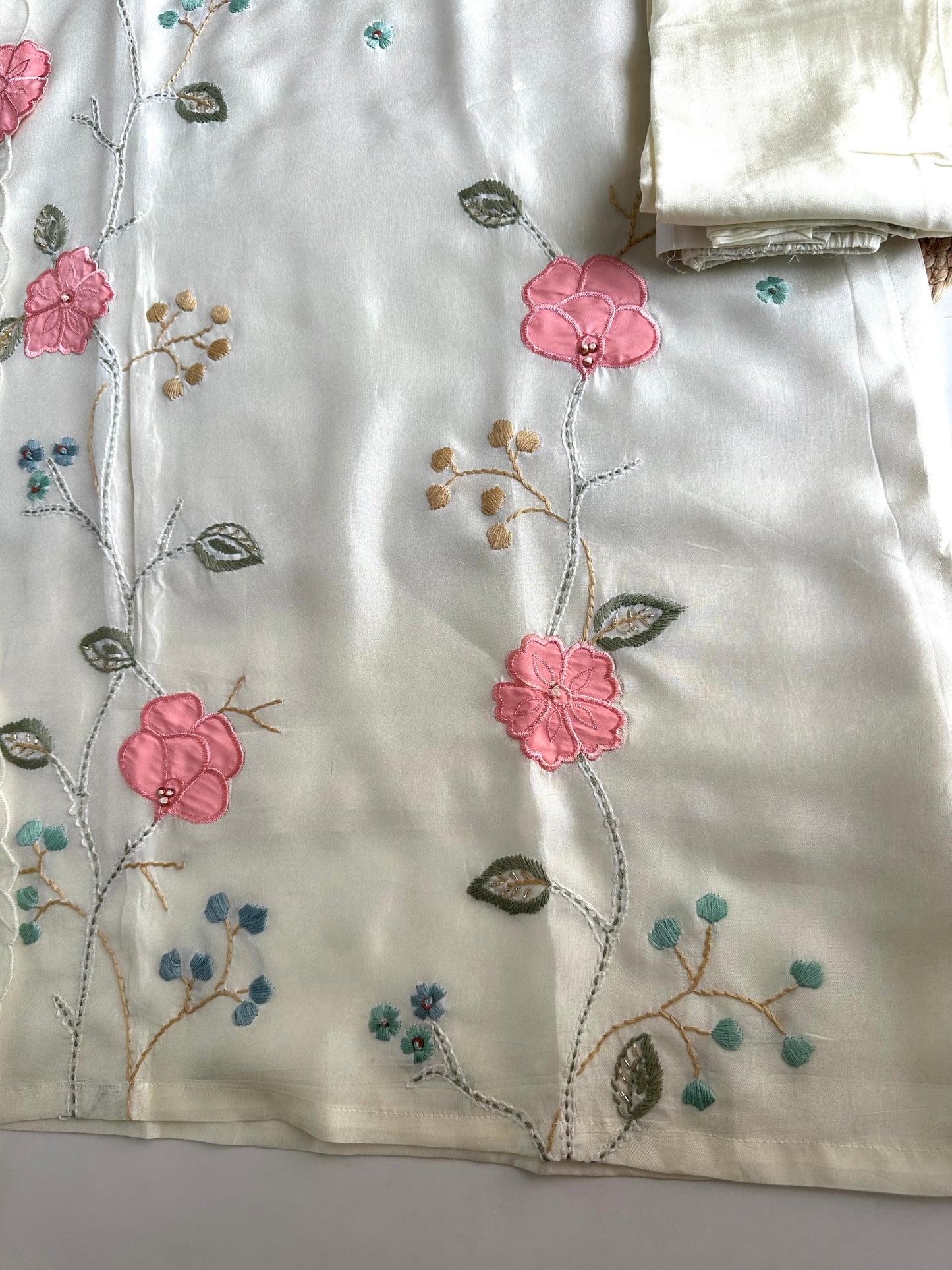 K139 - Russian silk Appliqué work straight Kurti with pants and dupatta