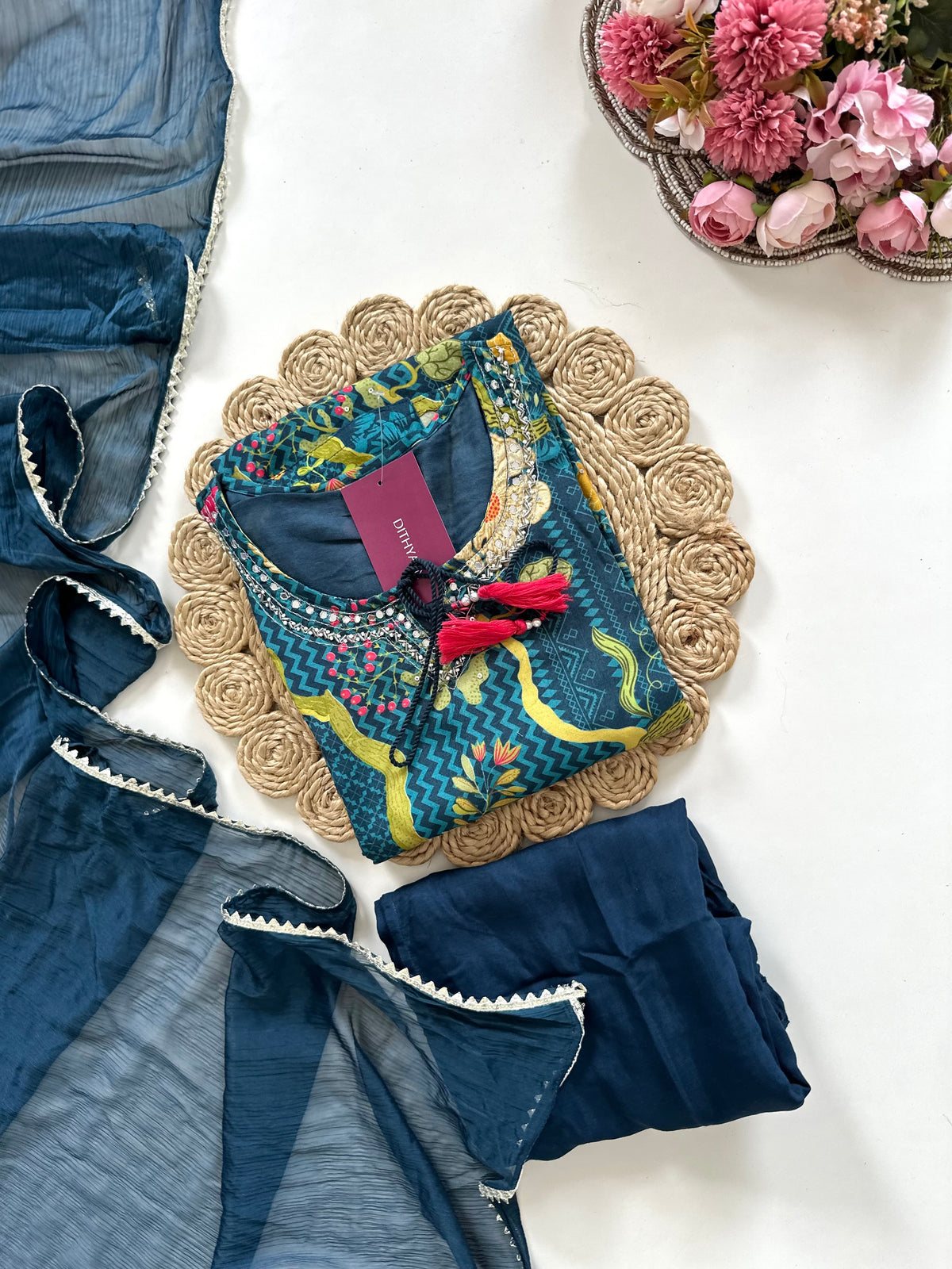 K321 - Chinnon floral straight Kurti with pants and dupatta