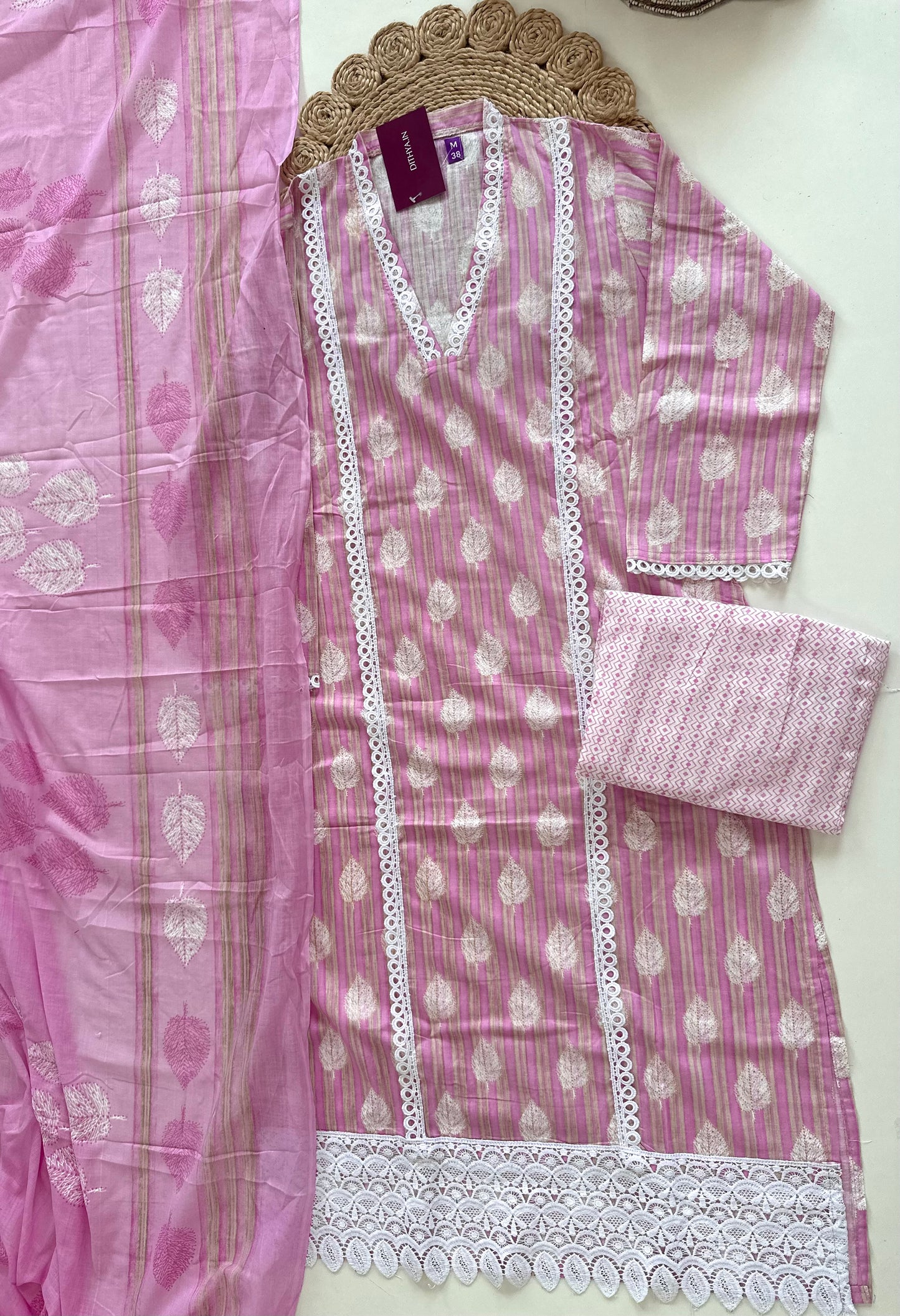 K096 - Cotton Lace work straight kurti with pants and dupatta in 2 colours