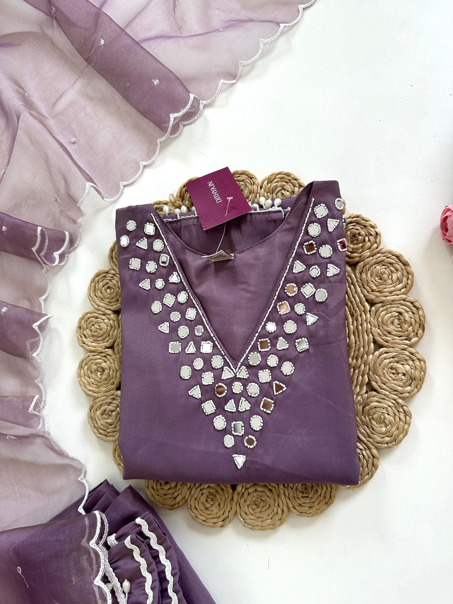 K209 - Shimmer silk mirror work straight Kurti with pants and dupatta in 3 colours
